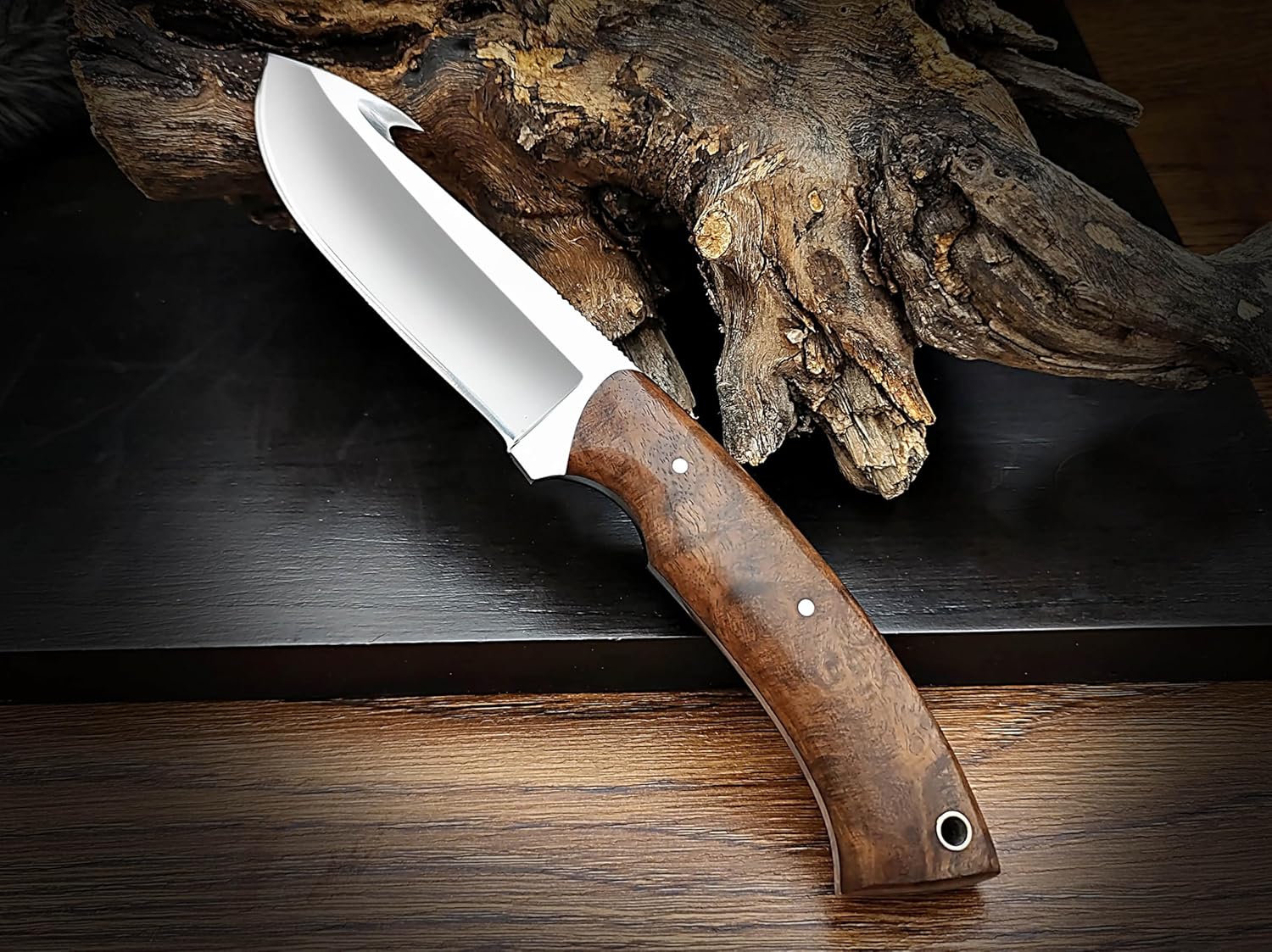Handmade D2 Steel Gut Hook Knife – Full Tang Fixed Blade With Wood Handle & Leather Sheath – Razor Sharp Skinning Knife For Hunting, Camping & Survival