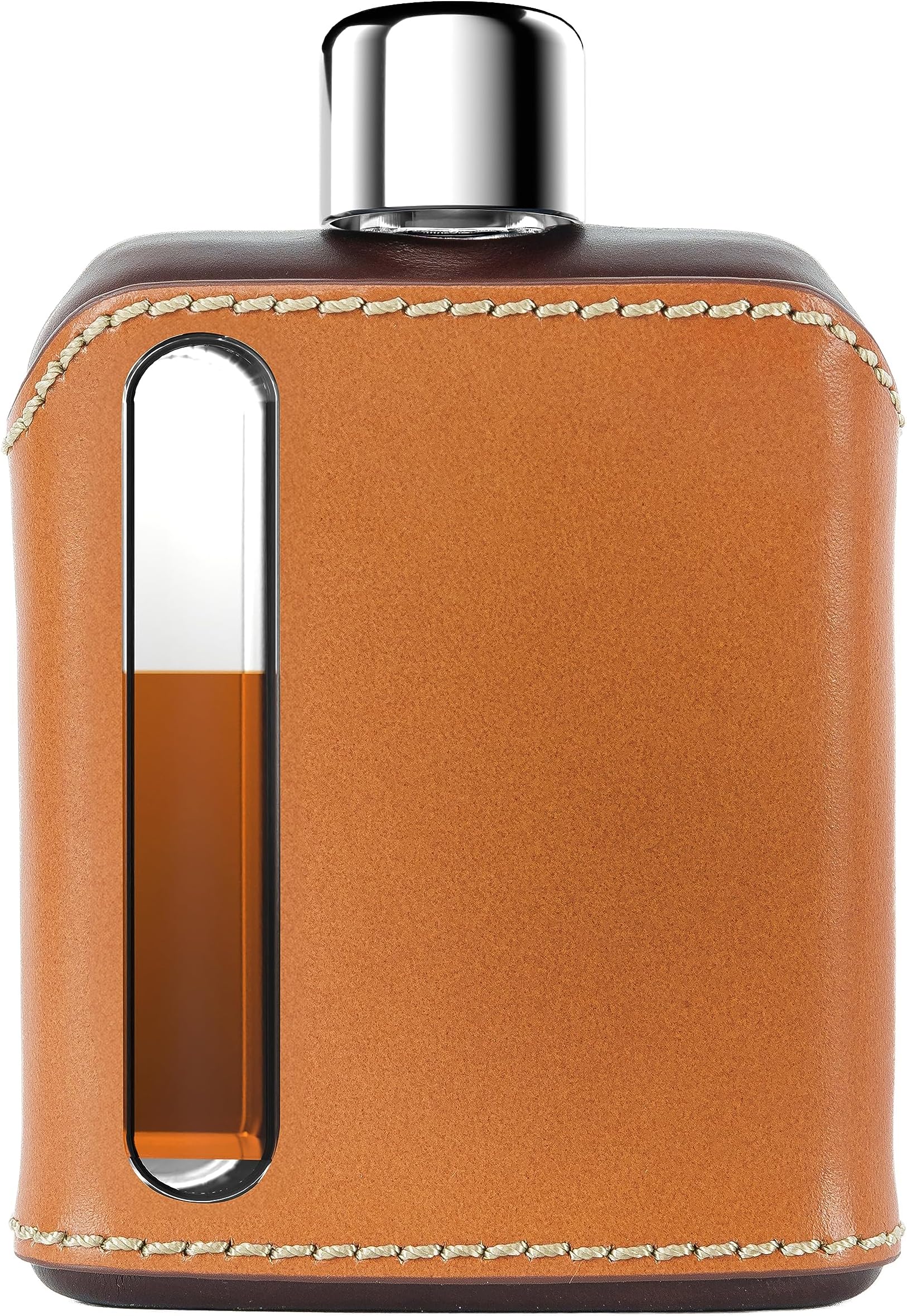 Ragproper Modern Glass Hip Flask - Durable Leather Covered Flask for Whiskey, Spirits, & Other Liquor - Ideal Glass Flask for Men & Women (Single Shot 100ml, Leather Dark & Tan)