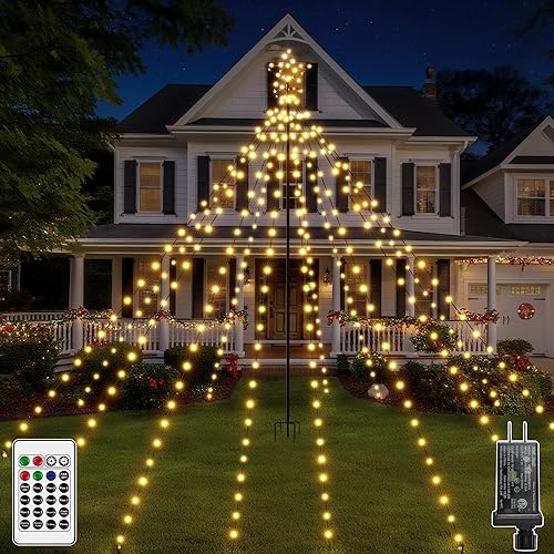 Miniatura 8 de Luces de árbol de Navidad Ccinny 340LED con estrella superior, luces de cascada con control remoto impermeable IP67 con poste, 16 modos, 3