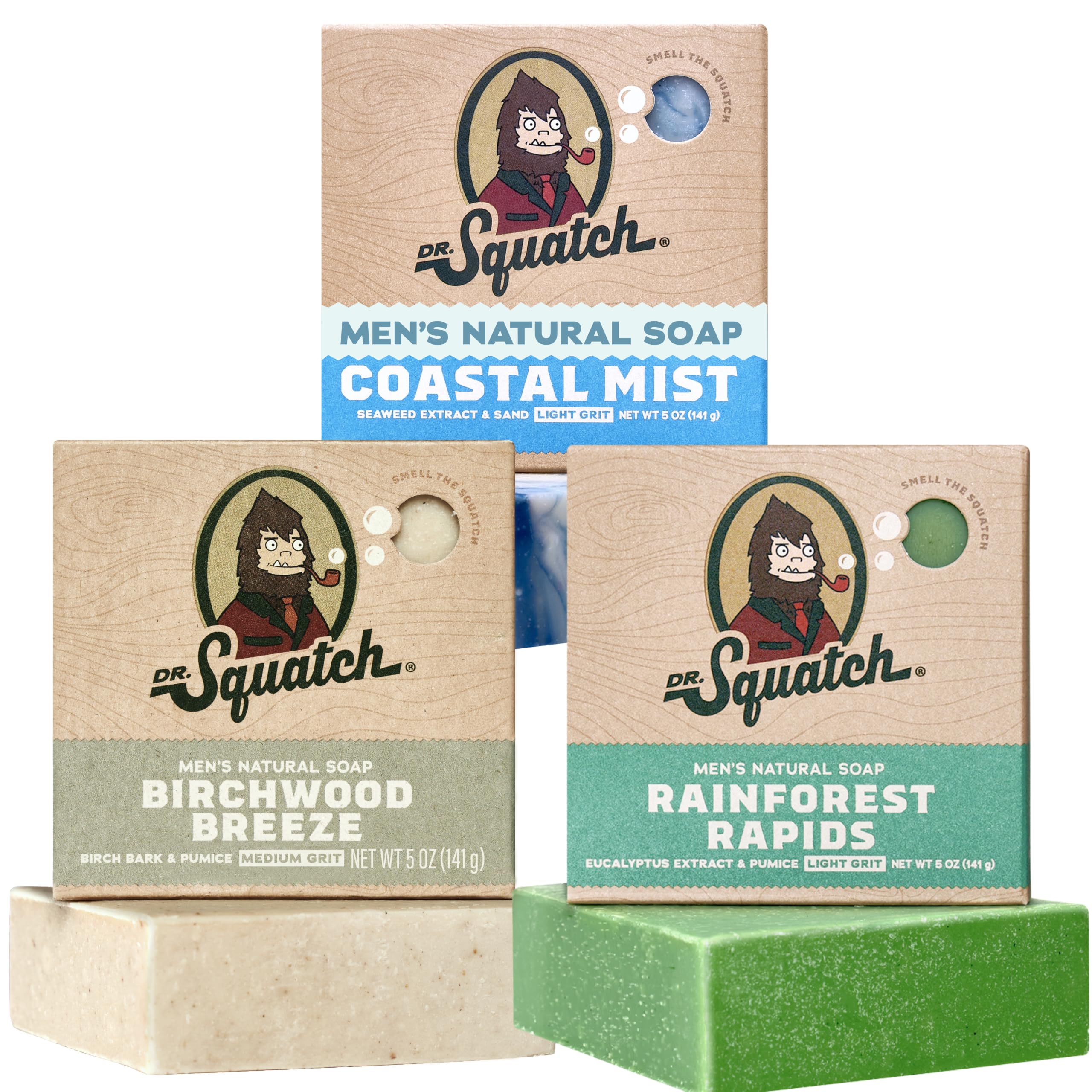 Dr. Squatch Natural Men’s Bar Soap - Cold Process Body Soap Bar with Natural Oils - Gifts for Men - Coastal Mist, Rainforest Rapids, Birchwood Breeze (5 oz, 3-Pack)