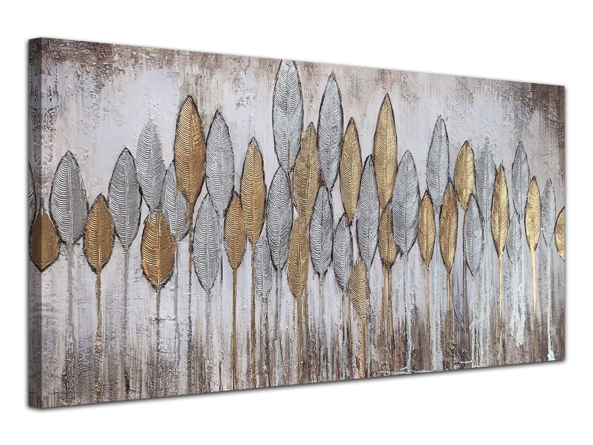 Acocifi Abstract Landscape Tree Canvas Wall Art Summer Leaf Painting Brown Gold and Silver Textured Leaves Aesthetic Artwork Framed for Bedroom Living Room Bathroom Kitchen Office Home Decor 40"X20"