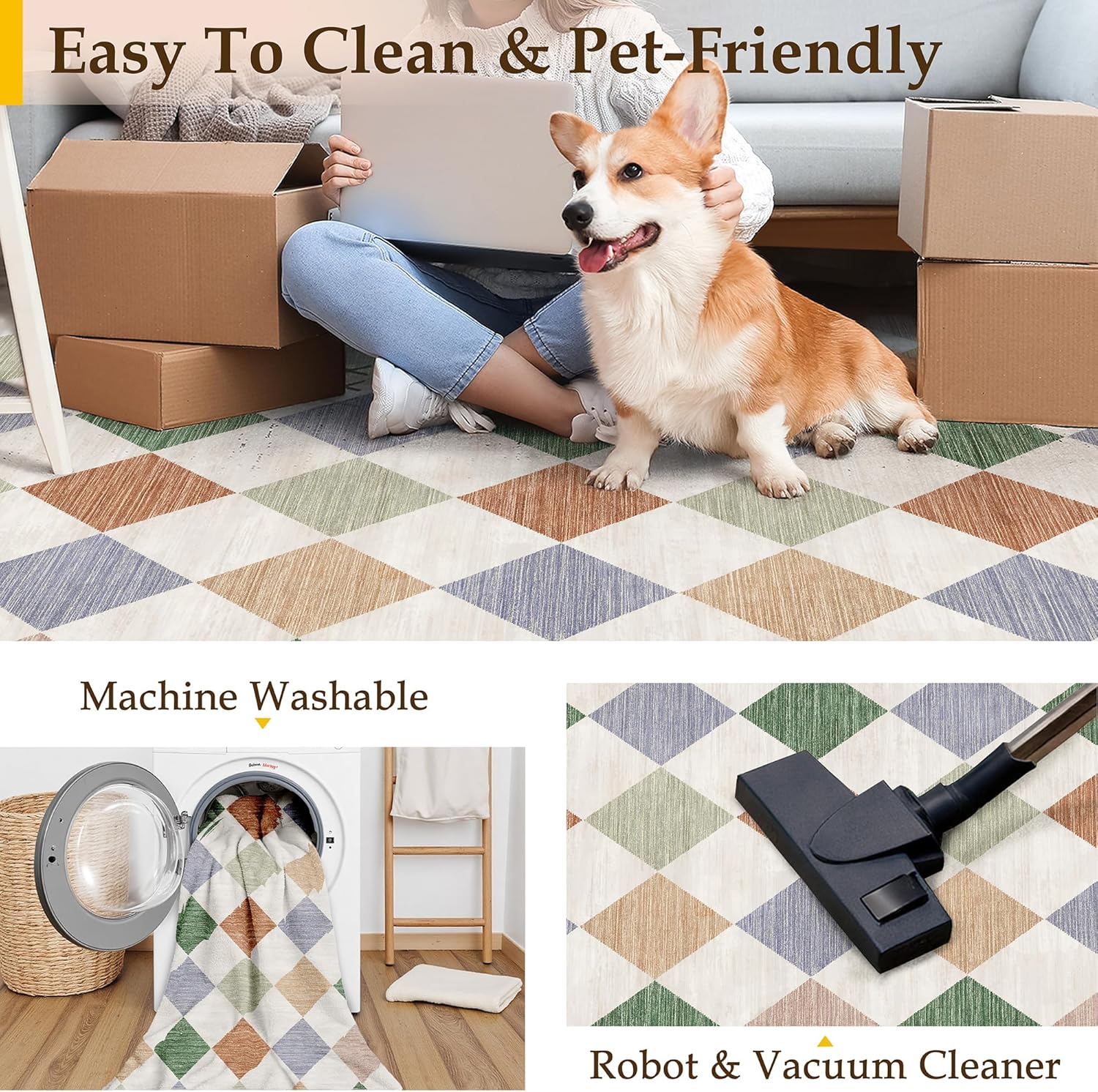 6x9 Checkered Washable Area Rug for Living Room Bedroom Colorful Soft Modern Non Slip Large Throw Rug Lightweight Low Pile Neutral Carpet Office Dining Room Classroom Playroom - Image 6