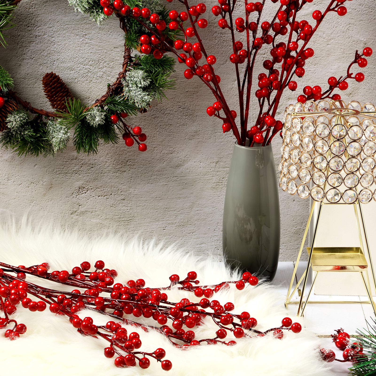 WILLBOND Künstliche rote Beeren Stiele 55,9 cm Weihnachten rote Beeren Stechpalmenbeerenzweige für Weihnachtsbaum Neujahr Dekor DIY Handwerk (einfacher Stil, 16 Stück)