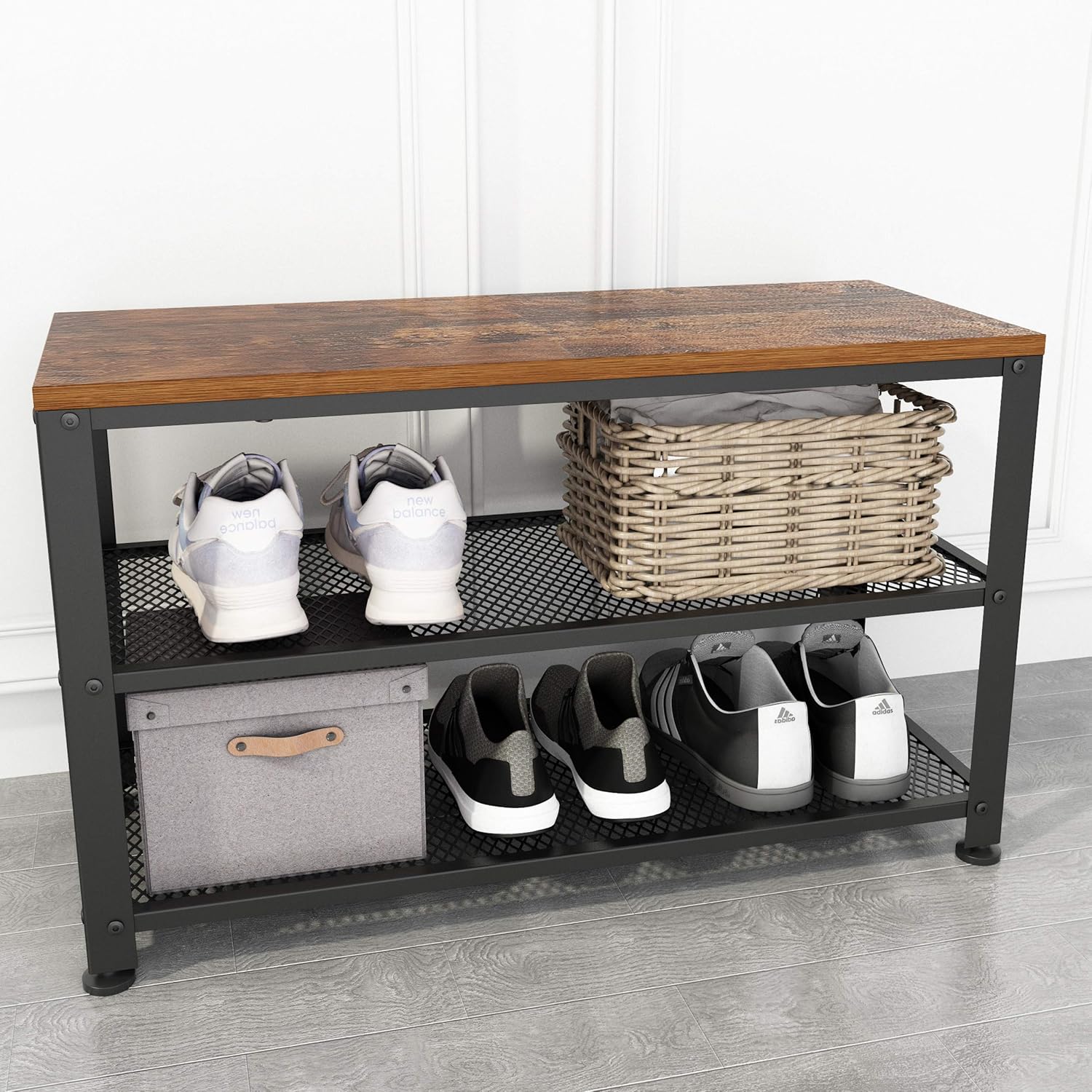 Rustic Brown Shoe Bench, 3Tier Shoe Rack Bench with Mesh