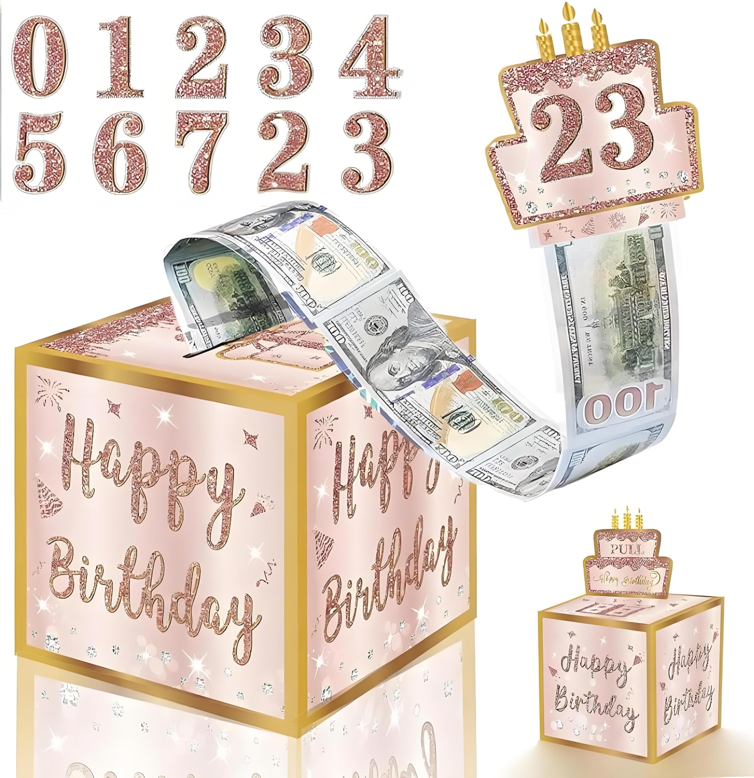 Tivleed Girls Pink-Gold Birthday Money Box Cash Gift Pull, Money Gift Box For Cash Gifts, Birthday Money Box With Diy Stickers For Any Age, Surprise Pull Out Gift Box For Women (2, )