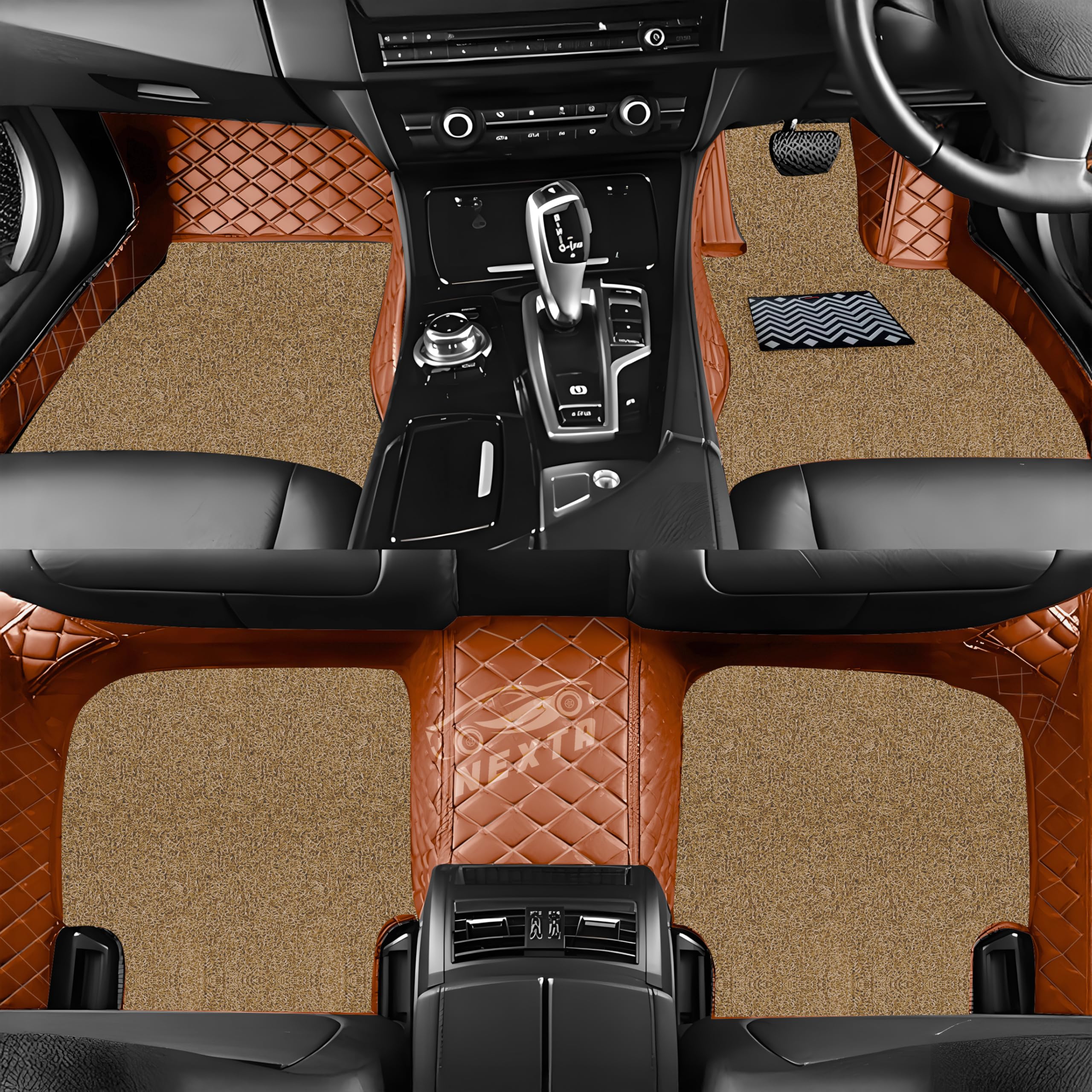Premium 7D Car Floor Mat Full Set for Toyota Fortuner Old Model (2010-2016)|| Luxury Leather with Grass Mat Complete Set || 100% Waterproof and Washable || Color : (Tan and Brown)