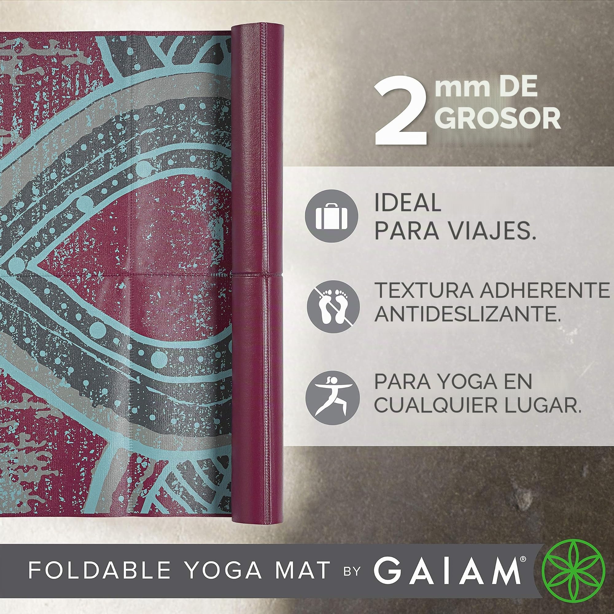 Gaiam Esterilla de yoga plegable viajes, fitness y ejercicio, para todo tipo de yoga, pilates y entrenamientos en el suelo (172,72 cm de largo x 60,96 cm de ancho x 2 mm de grosor)