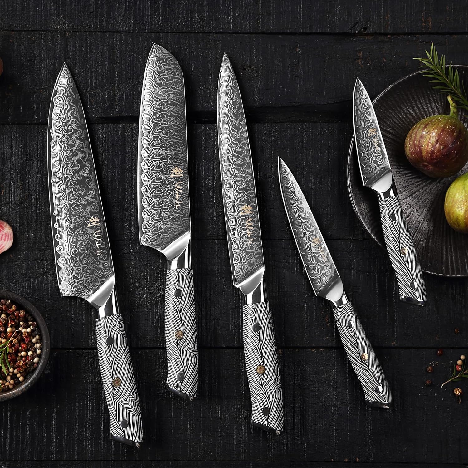 Wakoli Noir Blanc Damascus Knife Block Set – 5-Piece Professional Chef Knife Collection with Magnetic Block – Kitchen Knives made of 67-Layer Damascus Steel Blades & Ergonomic G10 Handles in Gift Box