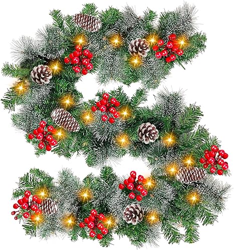 TURNMEON Guirnalda de Navidad preiluminada de 6 pies por 10 pulgadas con temporizador, 30 luces cálidas, 8 conos de pino, cerdas nevadas, pino de 56