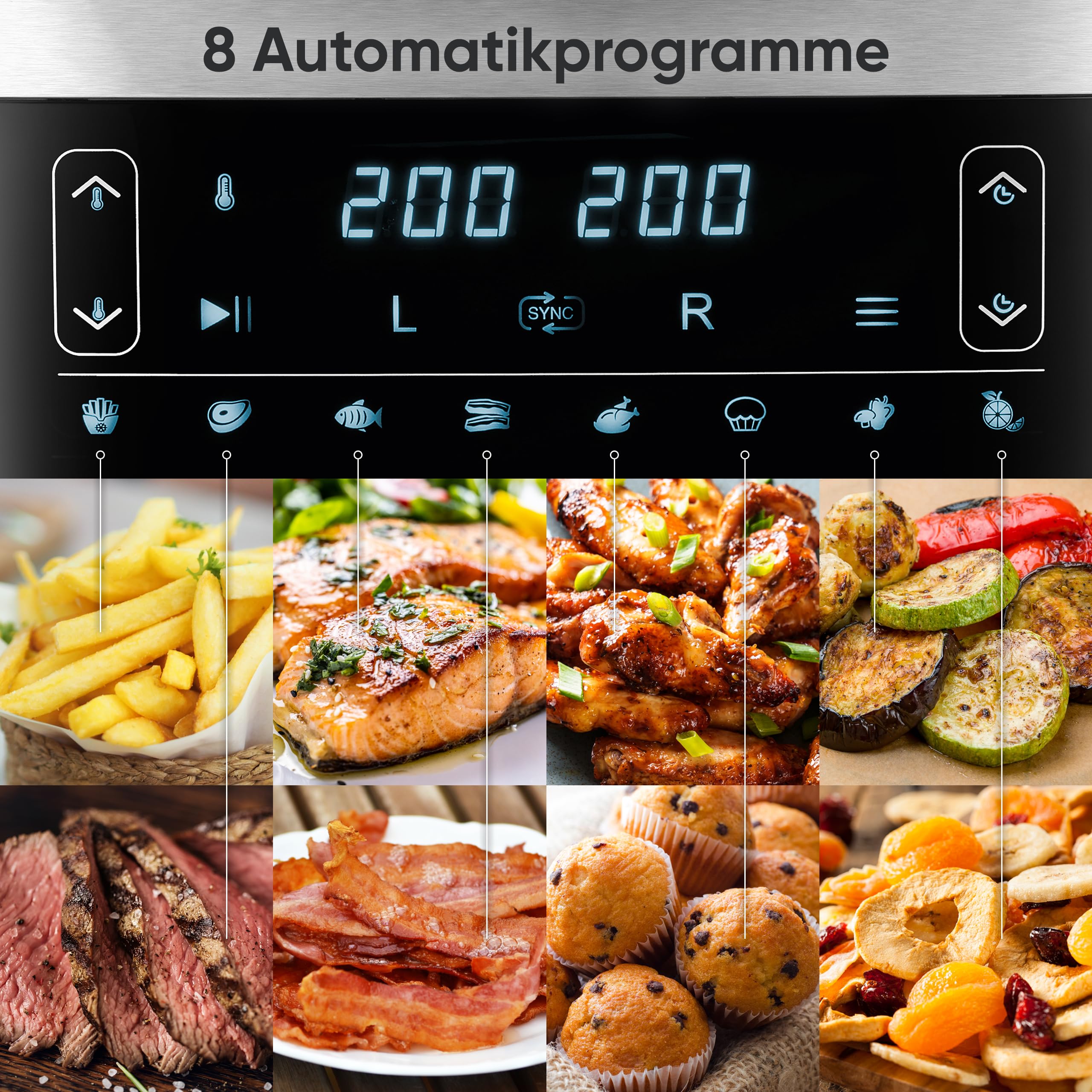 SEVERIN Doppel Heißluftfritteuse mit 2 x 3,8 L Garraum, XXL Heißluftfritteuse für gesundes Kochen, 8 Automatik-Programme, Fritteuse ohne Fett mit Dörrfunktion, 2850 W, schwarz/silber, FR 2453