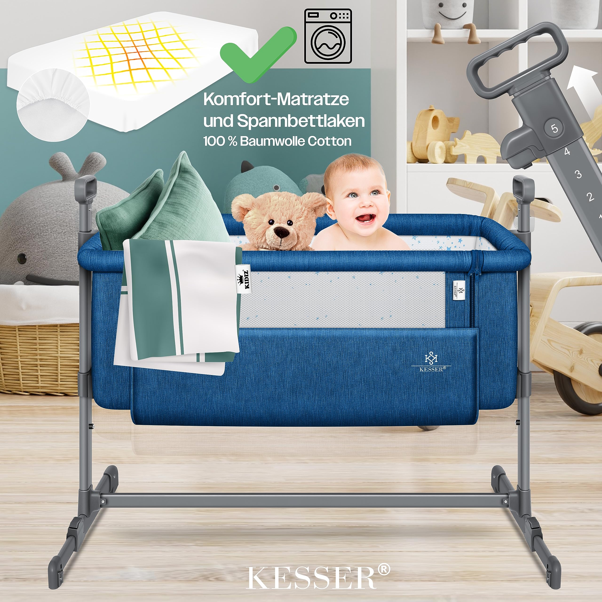 KESSER® Hubi 3in1 Culla da viaggio Culla per bambini con materasso morbido, con rotelle, 5 regolazioni in altezza, pannello laterale pieghevole per la casa e in viaggio, blu