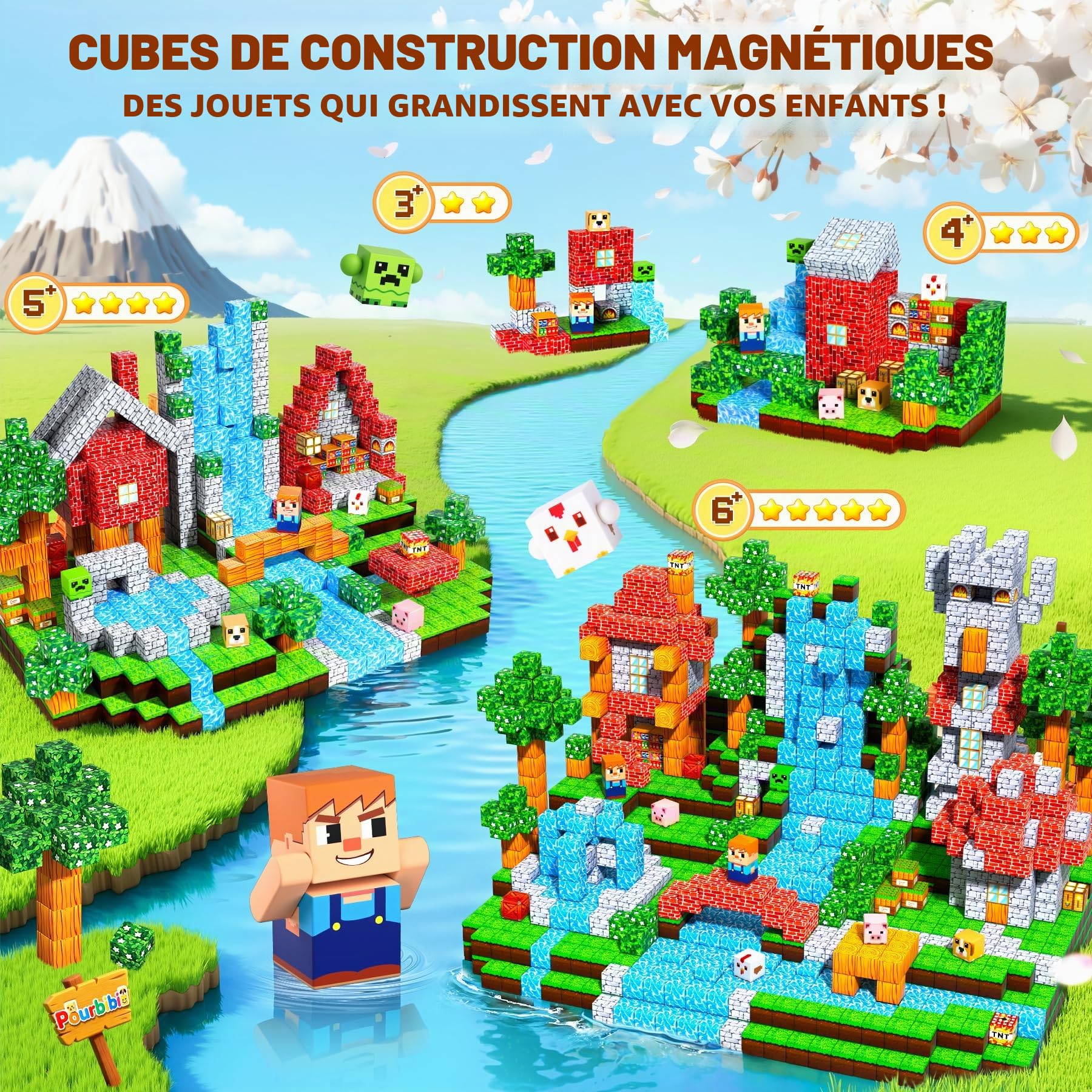 Pourbibi Construction Magnetique Enfant Cube Magnétique, Jeu Aimant Magnetic avec Jeux Aimants Magnetique, Jouet Éducatif Montessori pour Enfants 3 4 5 6 7 8 9 10 Ans Cadeau Créatif