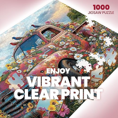 Miniatura 2 de Rompecabezas para adultos de 1000 piezas, rompecabezas vintage de autos rojos y flores, rompecabezas de 1000 piezas con letras en la parte