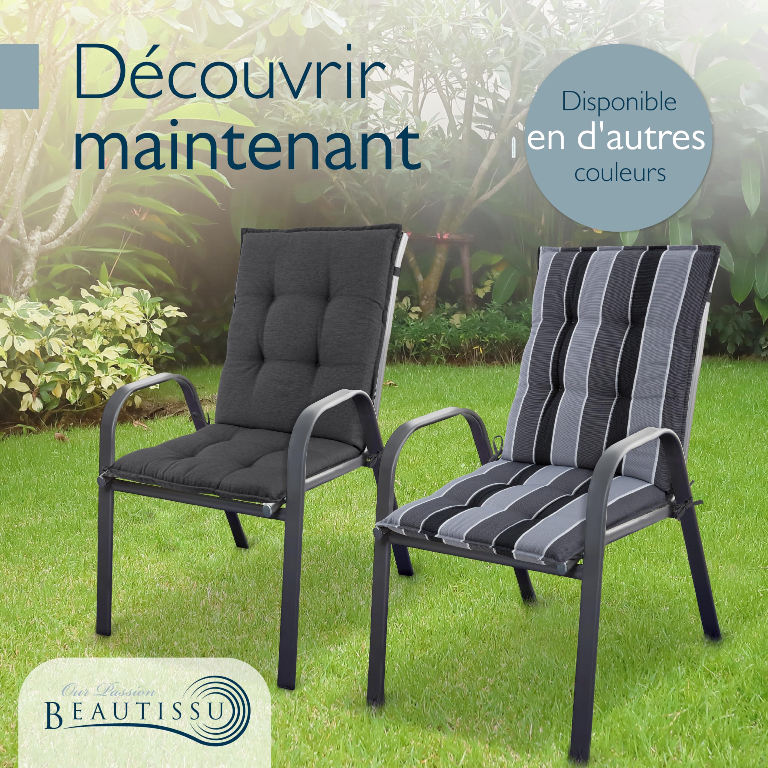 Beautissu 8X Premium Coussin Chaise Jardin Dossier Bas 100x50 cm Sun-NL – 8 cm Épaisseur Tissu Robuste Antidérapant & Résistance aux UV – Coussin Fauteuil avec Sangles Fixation Anthracite Rayé