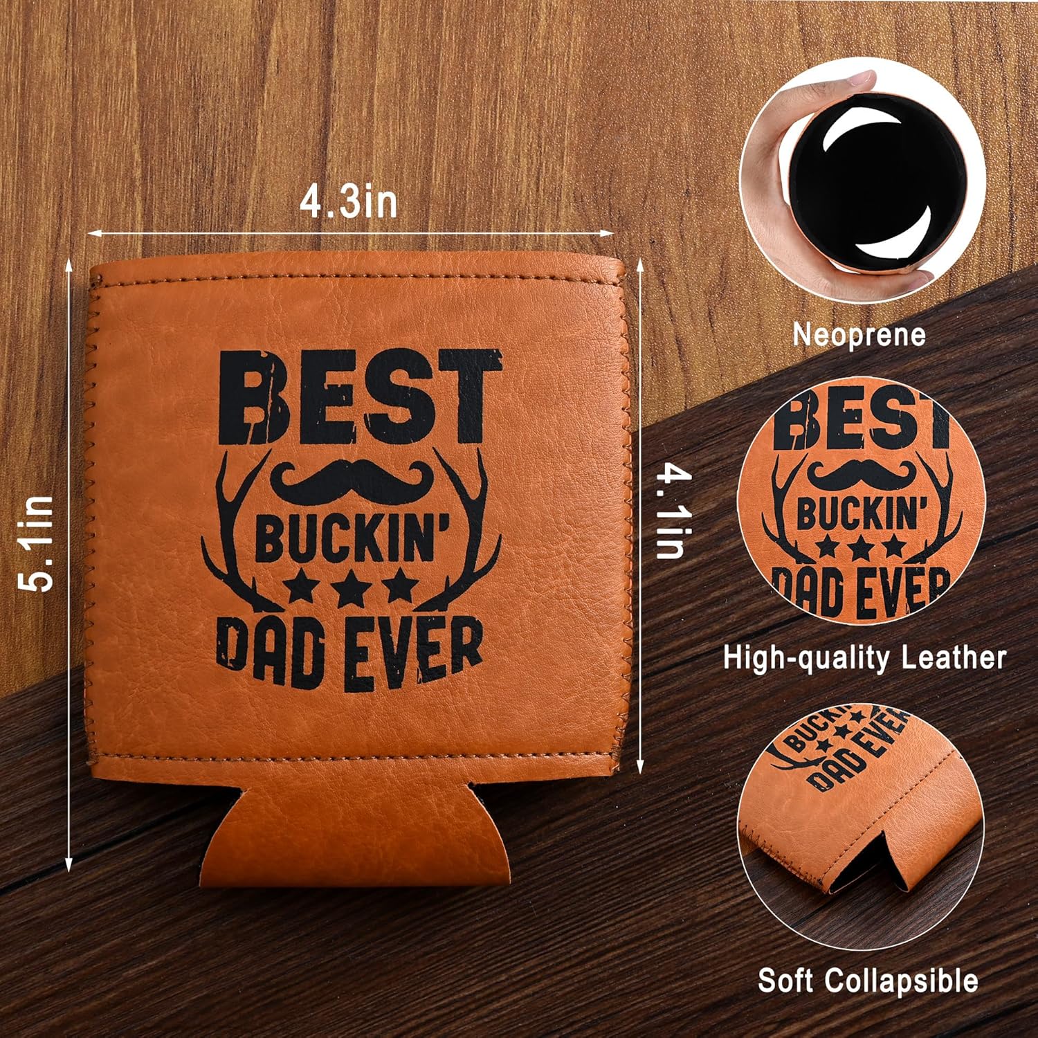 Condition photo showing New/Like New for christmas gifts for dad from daughter, son for fathers day, birthday gifts for dad, him, husband, grandpa, retirement gifts for men, leather can cooler for mens 12oz (dad) buckin’ dad