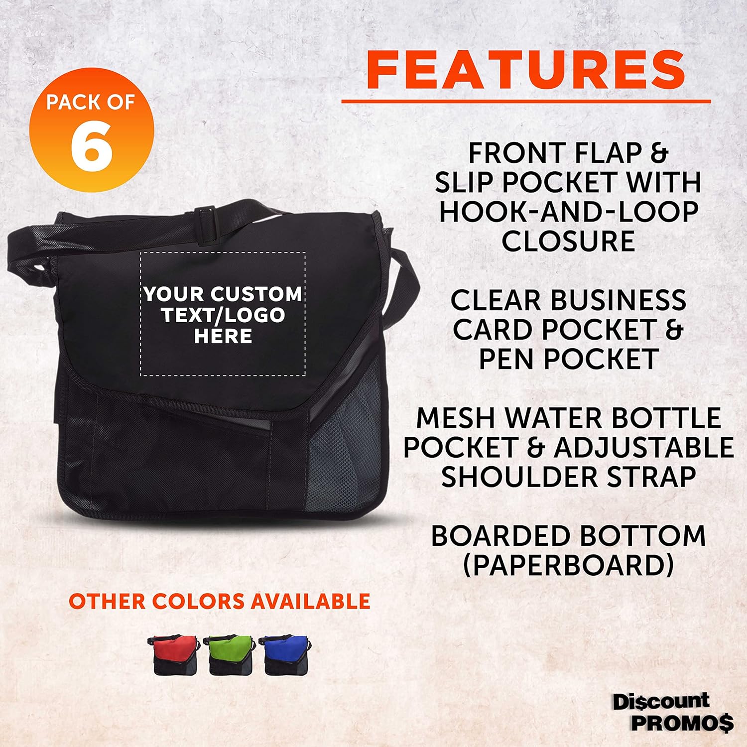 Custom Slant Flap Messenger Bags of 6, Personalized Bulk Pack - Perfect for Employees, and For Everyday Use - Black