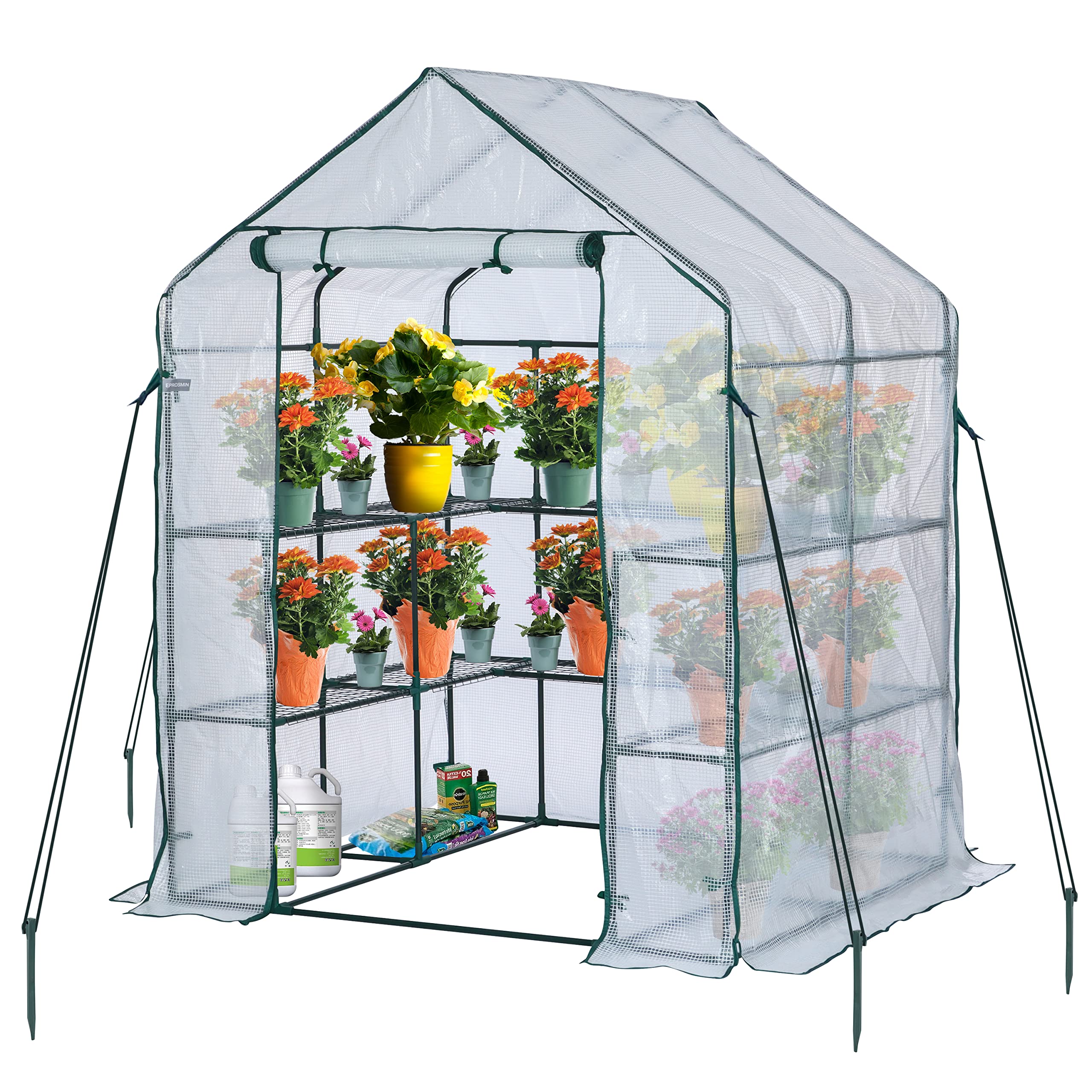 EPROSMIN Serre à l'italienne avec 10 étagères, housse en plastique PE renforcé avec cadre en acier robuste, serre/pépinière pour jardin, terrasse ou espace, facile à assembler, 143 x 143 x 195 cm