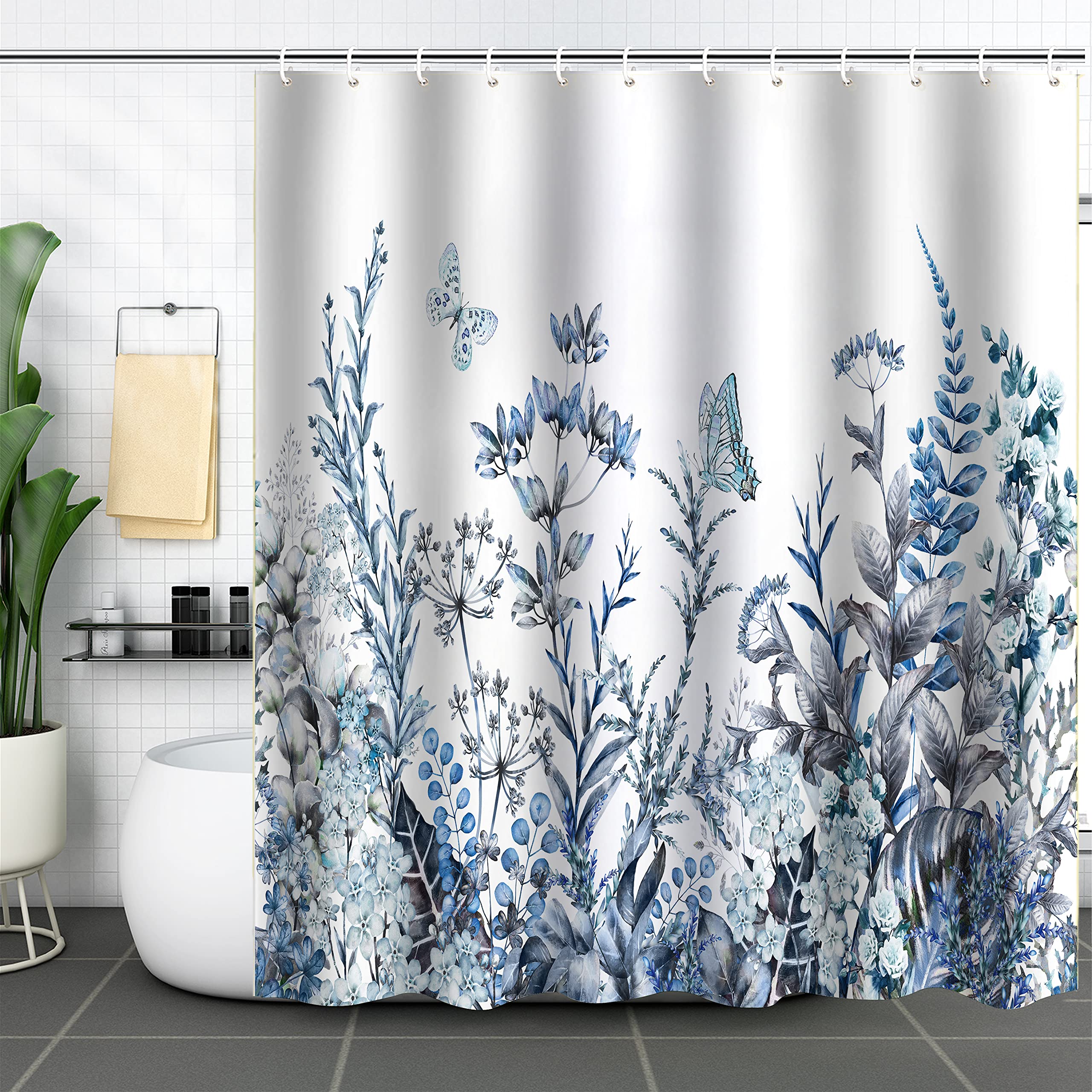 WELTRXE Shower Curtain, Bathroom Curtain with 12 Hooks, Waterproof Polyester Fabric Bathtub Curtain, Weighted Hem, Washable, Quick Dry, Mildew & Mold Resistant, Bathroom Decor, 183x183cm, Blue Plant