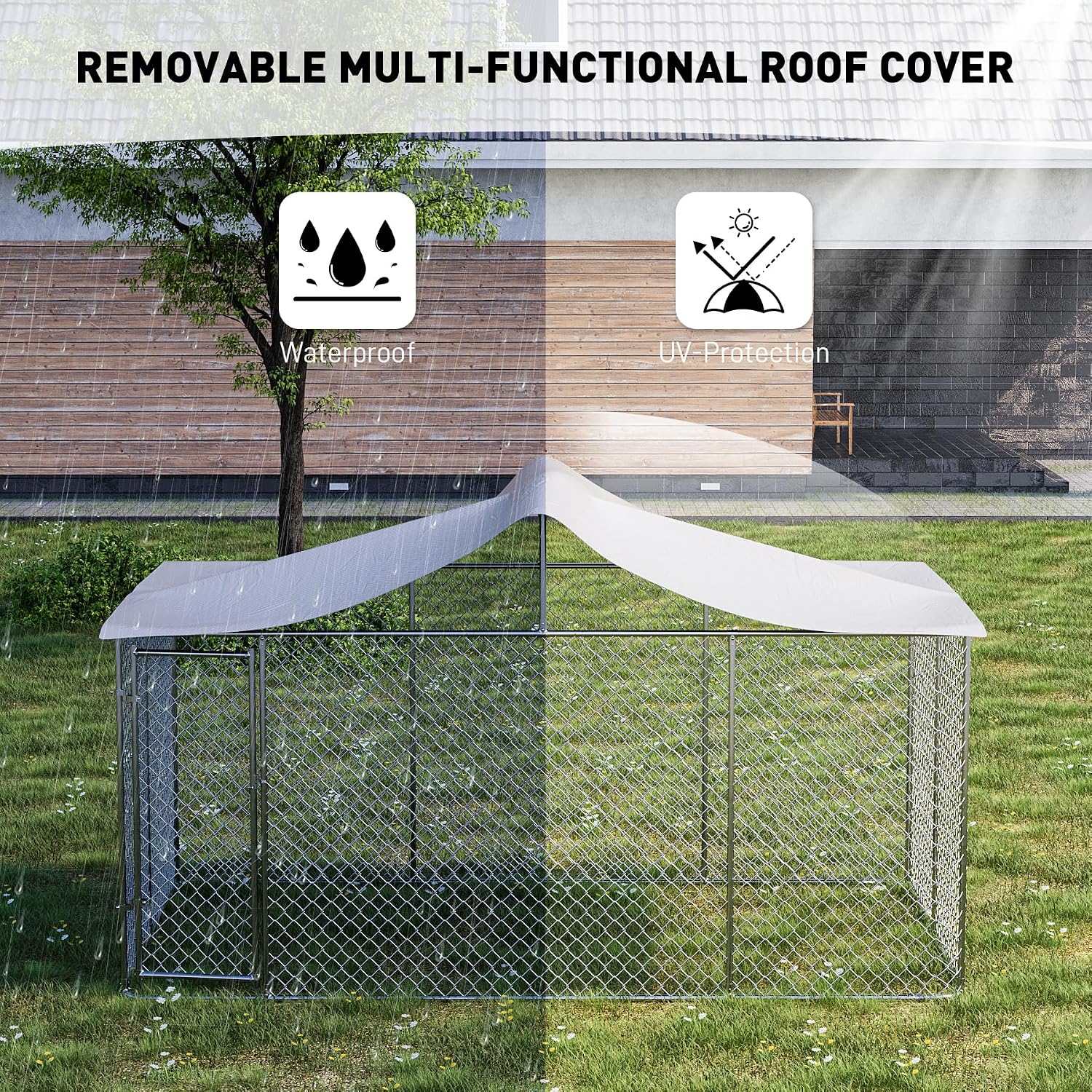 OUYESSIR 8x13x8 FT Large Dog Kennel Outdoor Dog Runs with UV Protection Waterproof Cover and Roof, Heavy Duty Dog Pens with Secure Lock