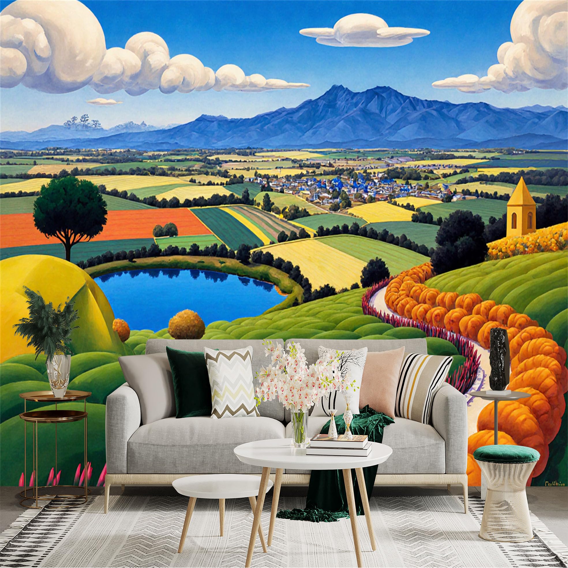Lnzczhyre Xc260505792 Custom Size Wall Sticker Mural， Rolling Green Hills With Blue Pond， Farm Landscape， Sunny Pastoral View， For Wall Decoration， Peelandstick Wall Decals.