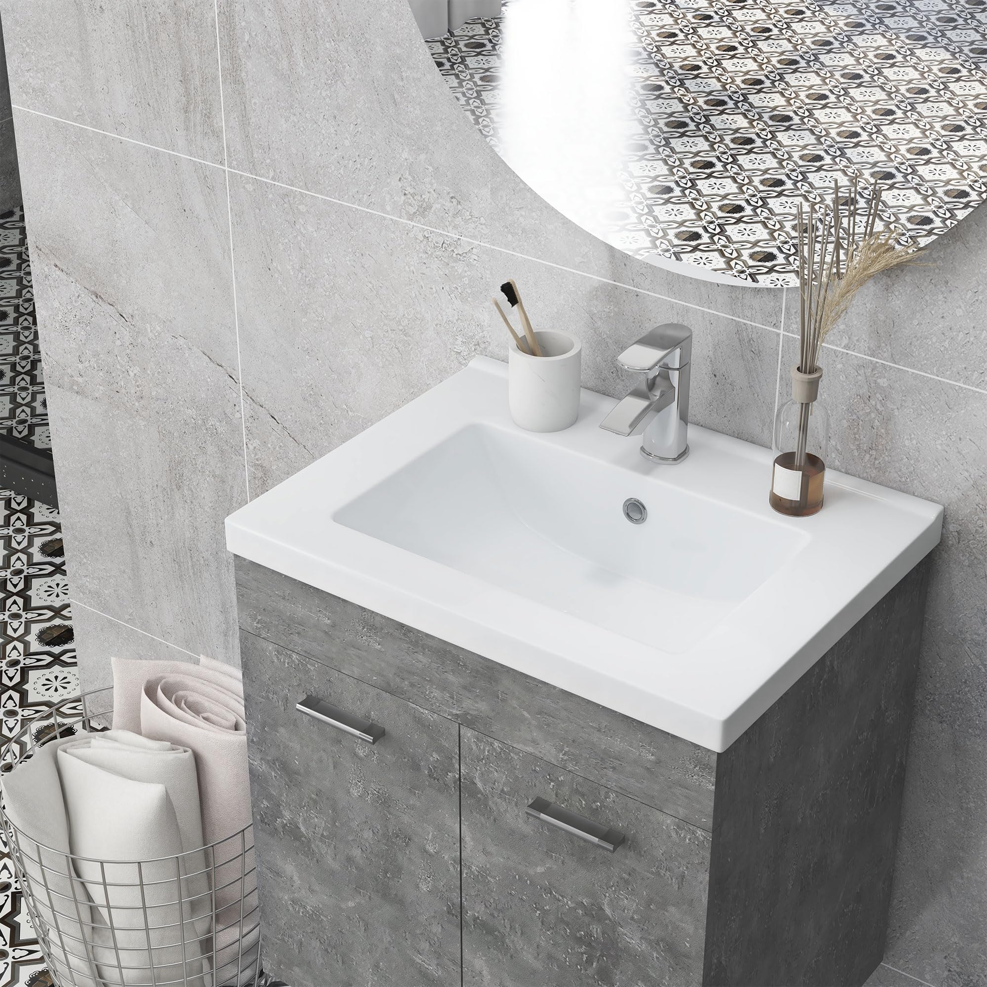 kleankin Mueble de Baño con Lavabo Cerámico de Pared 60x45,5x60 cm Gris | Armario Bajo de Lavabo, 2 Puertas, Estante Ajustable, Acabado Melamina