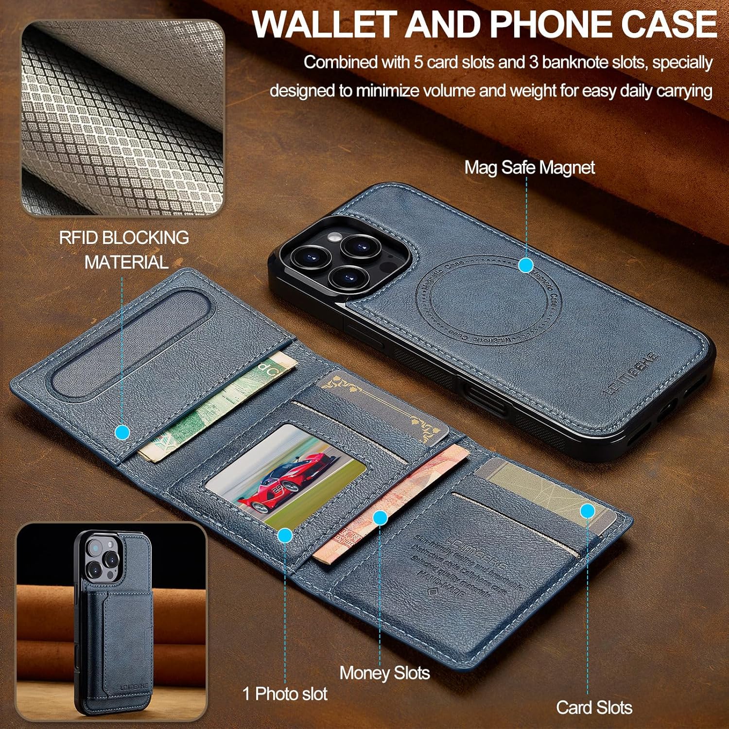 SZHAIYU L5 2 in 1 Detachable Leather Wallet and Phone Cases Compatible with iPhone 16 Pro Max Case with Card Holder RFID Blocking, Compatible with Magsafe Charging 6.9'' (Blue,IP 16 Pro Max) - Image 2