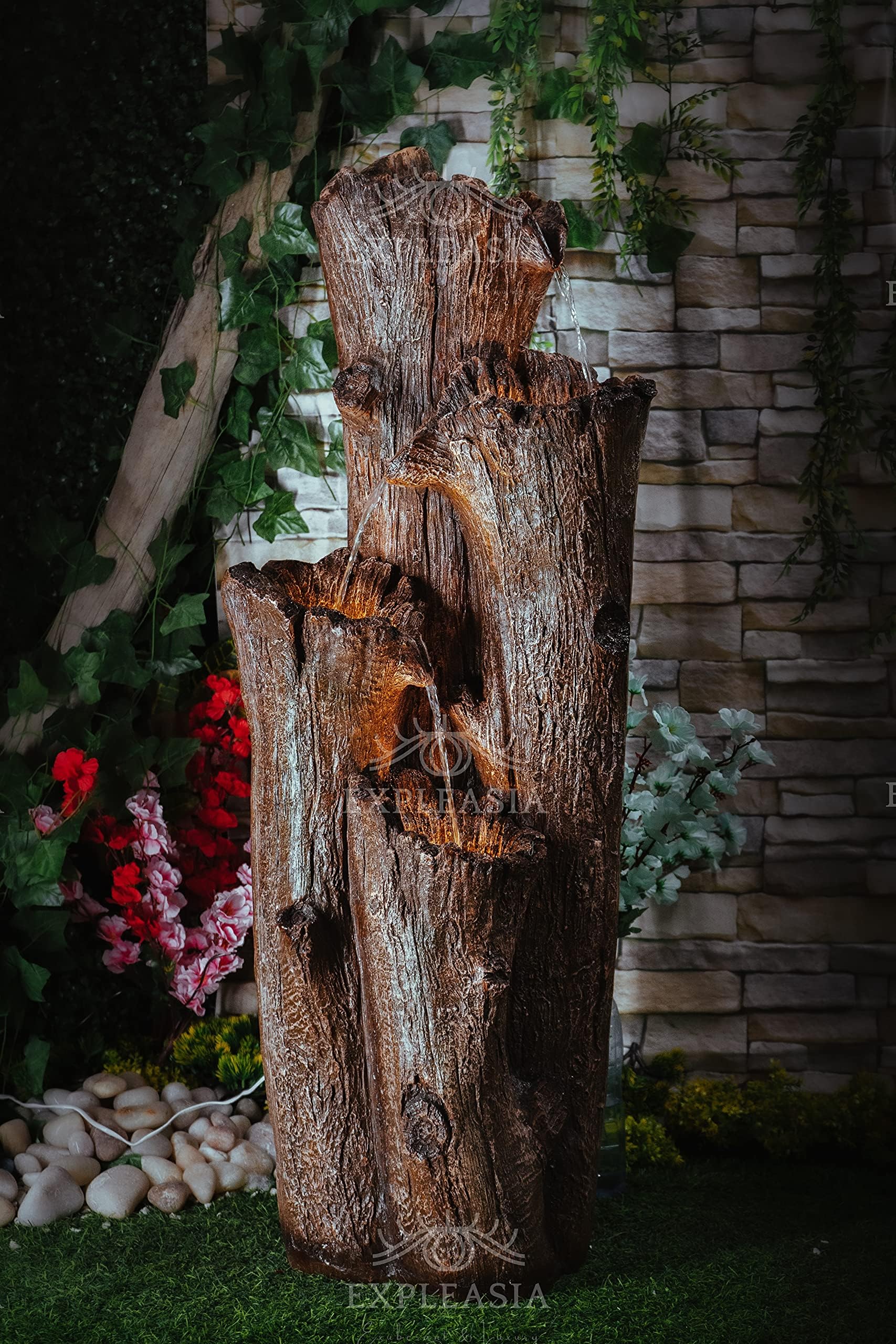 EXPLEASIA Nature Inspired Carved Tree Water Fountain, Water Fountain for Garden, Water Fountain for Home vastu, Fountain for Home décor Waterfall, Indoor Water Fountain Big Size (Wester Brown)