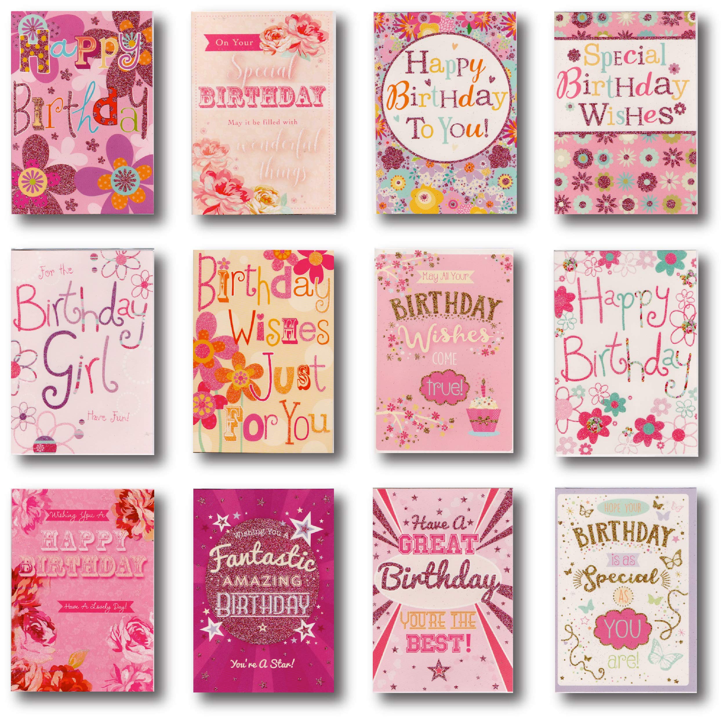 Greetingles 12 Assorted Design Birthday Cards & Envelopes Mixed Pack (Large Words)