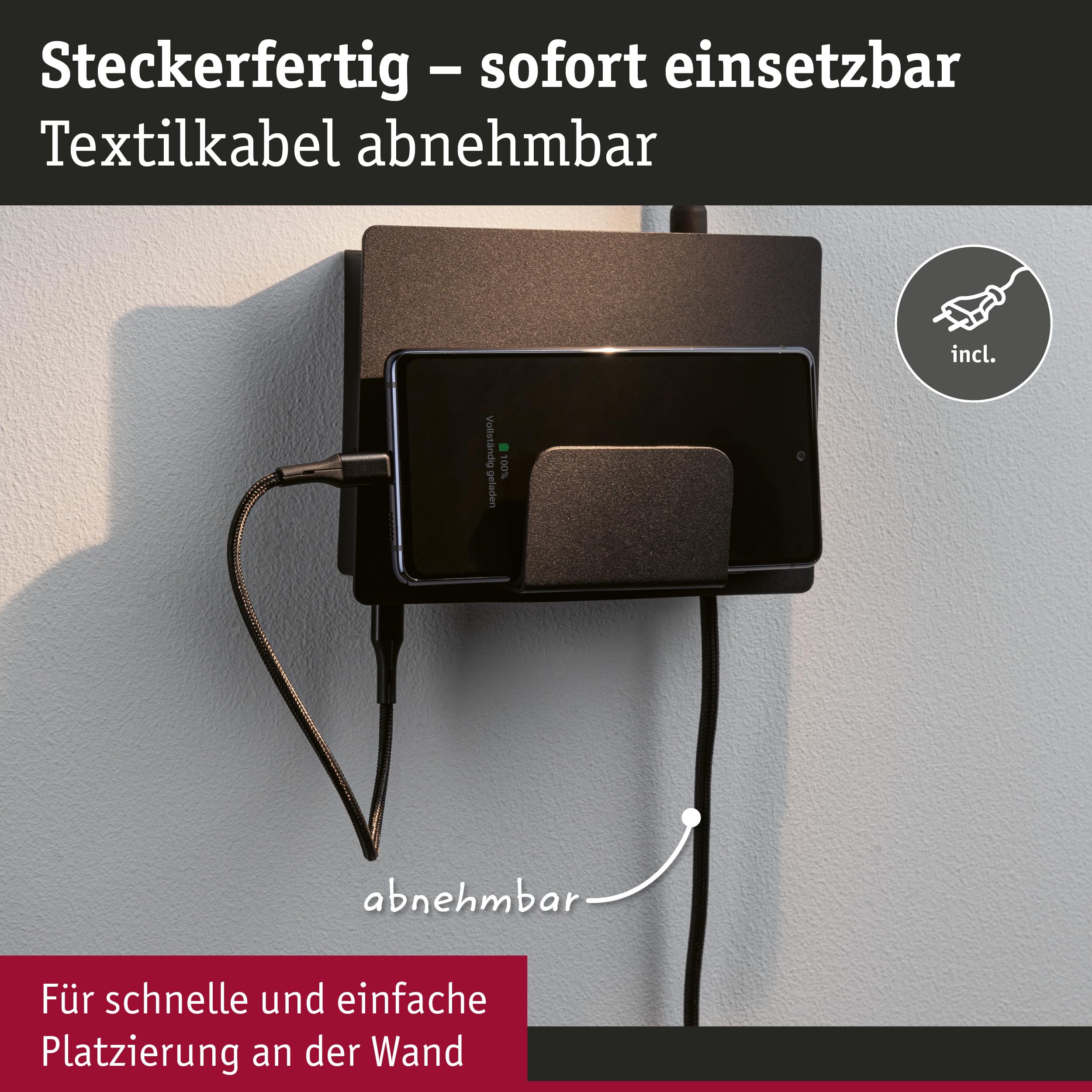 Paulmann 71101 LED Wandleuchte Halina USB C 2700K 200lm 230V 2,4W Schwarz matt Wandleselampe