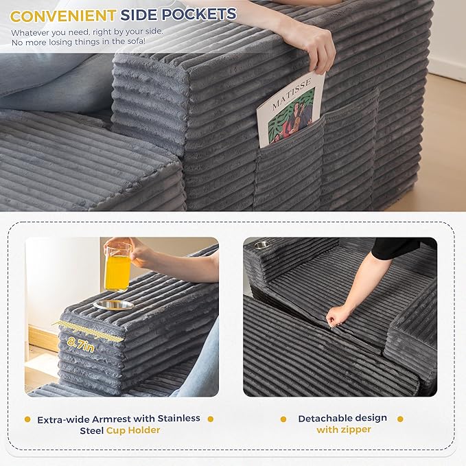 MAXYOYO Oversized Chaise Lounge Chair Sofa, Comfy Lounge Sofa Couch with Ottoman, Boneless Chaise with 3 Pillows, Modern Deep Seat Sleeper Chair for Living Room, No Assembly, Dark Grey