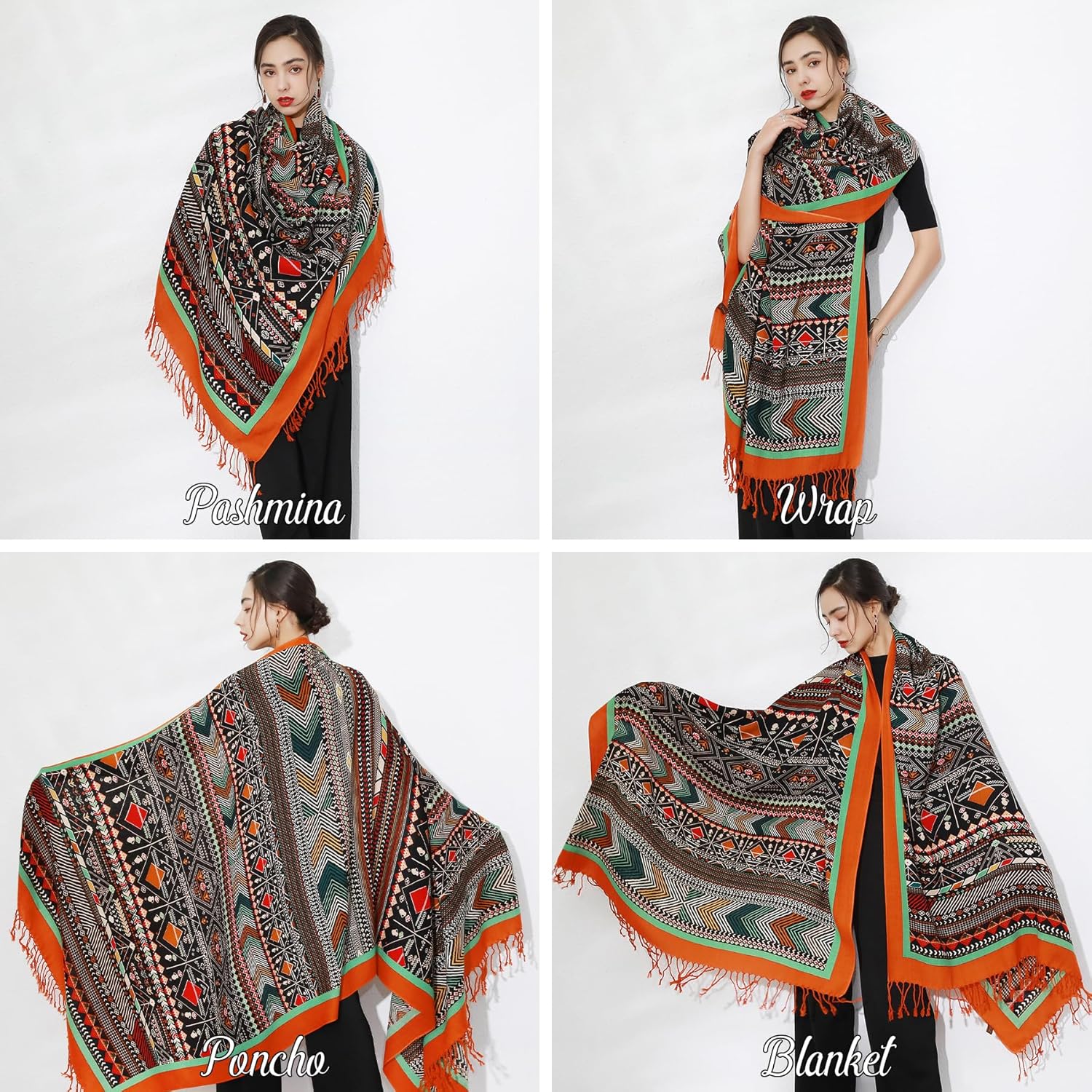 DANA XU 100% Merino Wool Pashmina Shawl for Women 96"x43", Oversized Cashmere Wrap with Tassels, Floral Travel Blanket Cape - Image 5