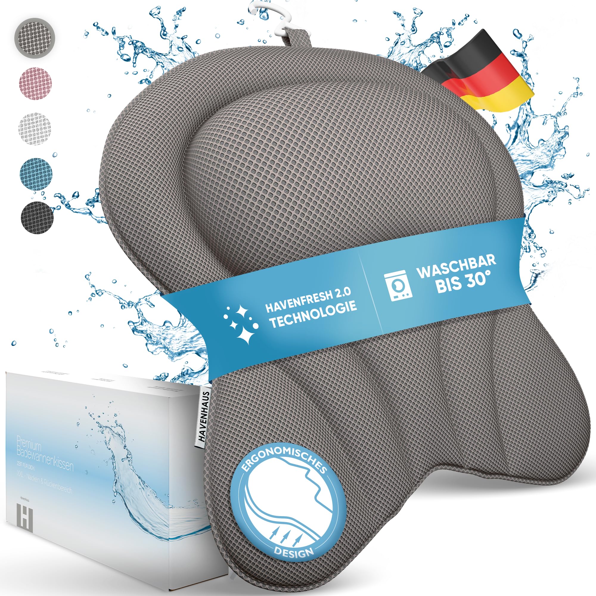 HAVENHAUS XXL Premium Badewannenkissen grau | NEU zusätzliche Polster an Schulter- & Nackenbereich | Badekissen für Badewanne schnelltrocknend, waschbar & 4X extra große Saugnäpfe | Kissen Badewanne