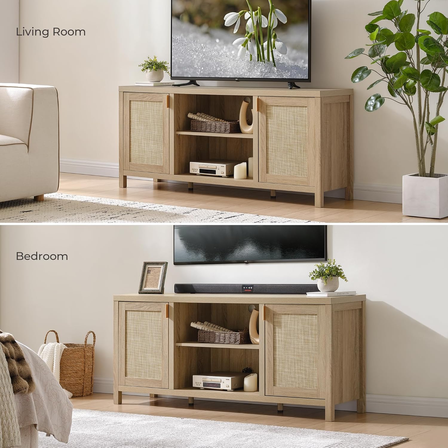 SICOTAS Rattan TV Stand for Living Room - 26" Tall TV Console Cabinet with Storage and Adjustable Shelf, Boho Entertainment Center, 59" Media Console for 50, 55, 65 Inch TV, Light Oak - Image 8