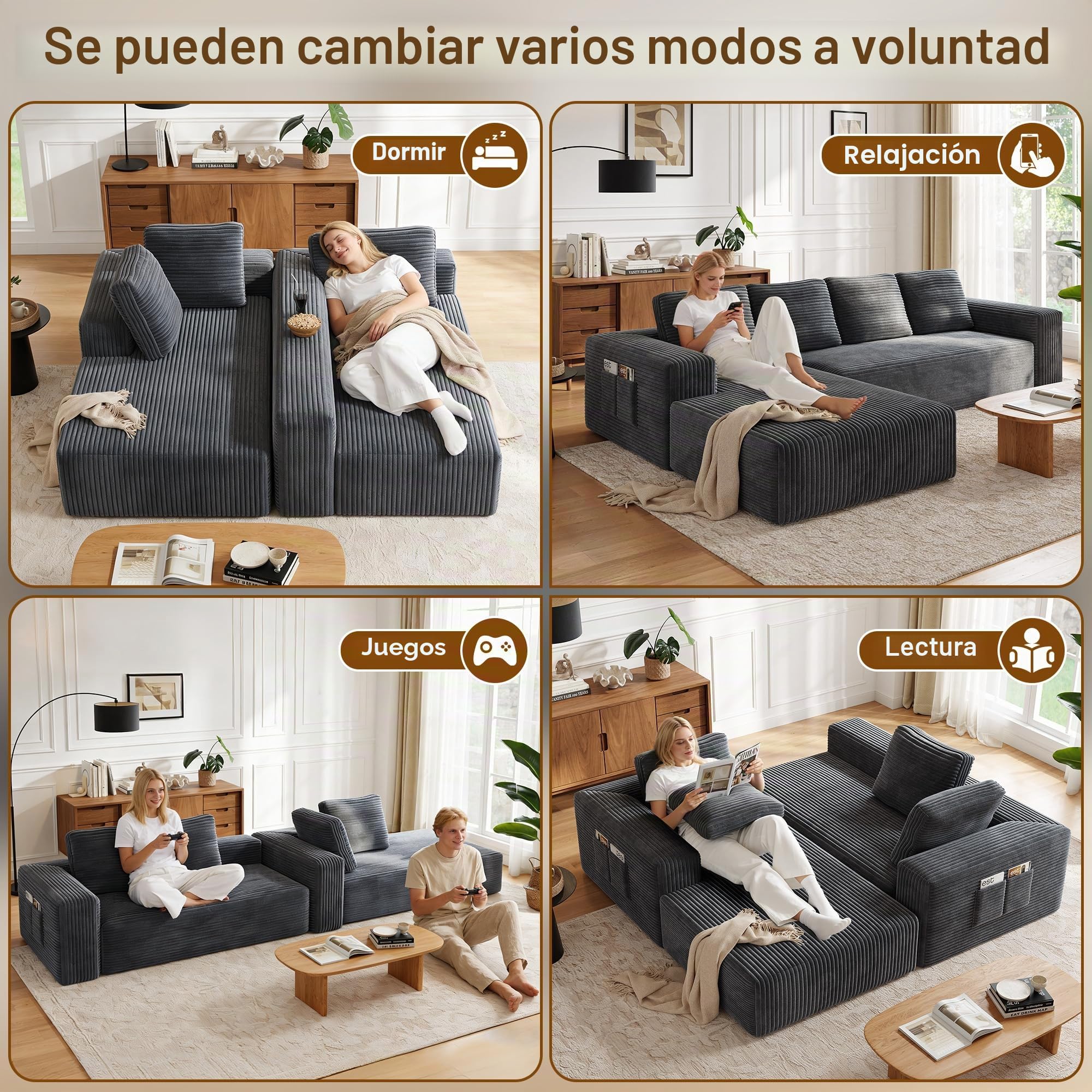 Sofá Esquinero Modular en L, Sofa 4 Plazas con función Cama y Chaise Longue Izquierda, Sofá Cama Chaise Longue (Gris)