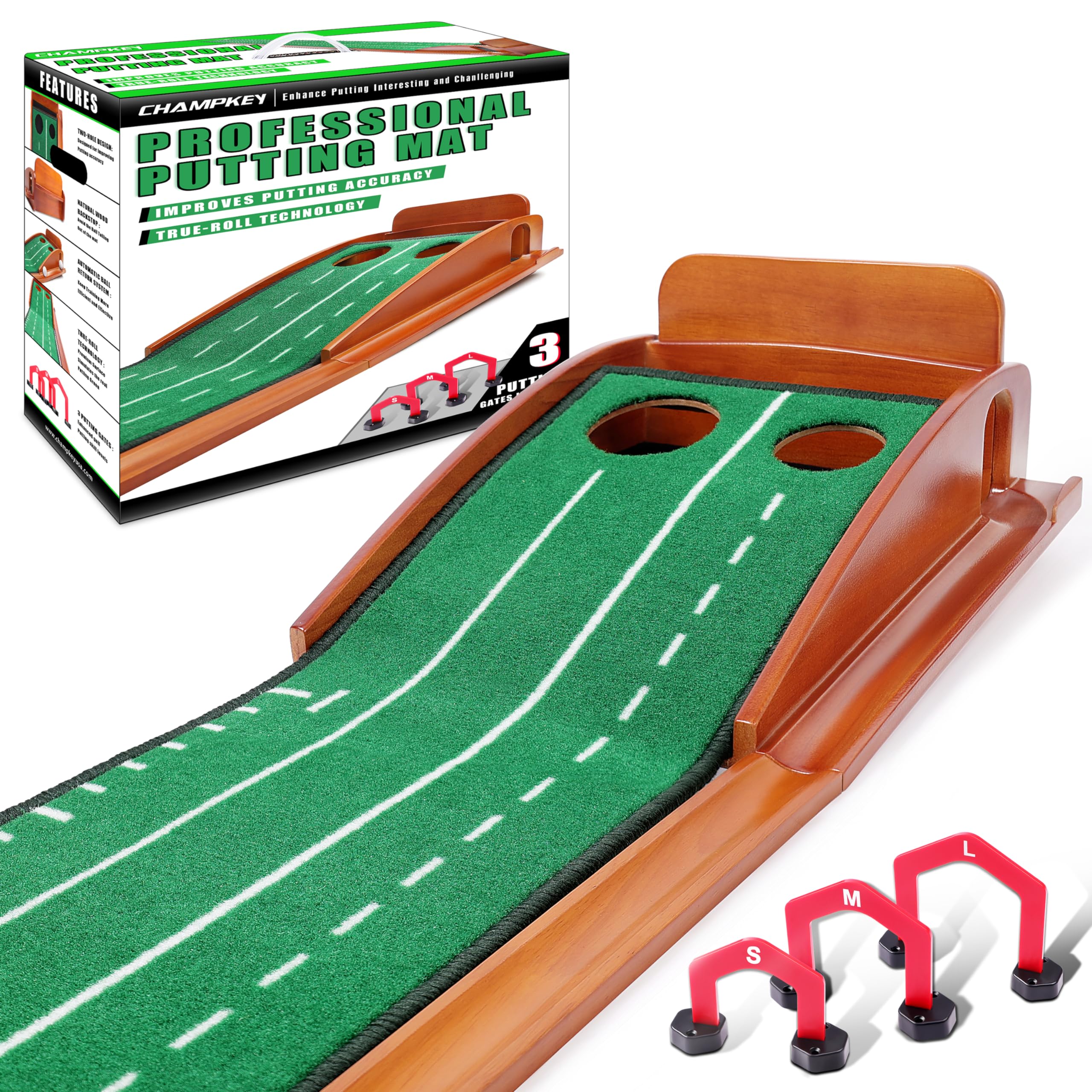 CHAMPKEY Two-Hole Golf Putting Mat with 3 Golf Putting Gates - Improves Putting Accuracy and Skill Levels- Ideal Golf Putting Green for Indoor and Outdoor Training