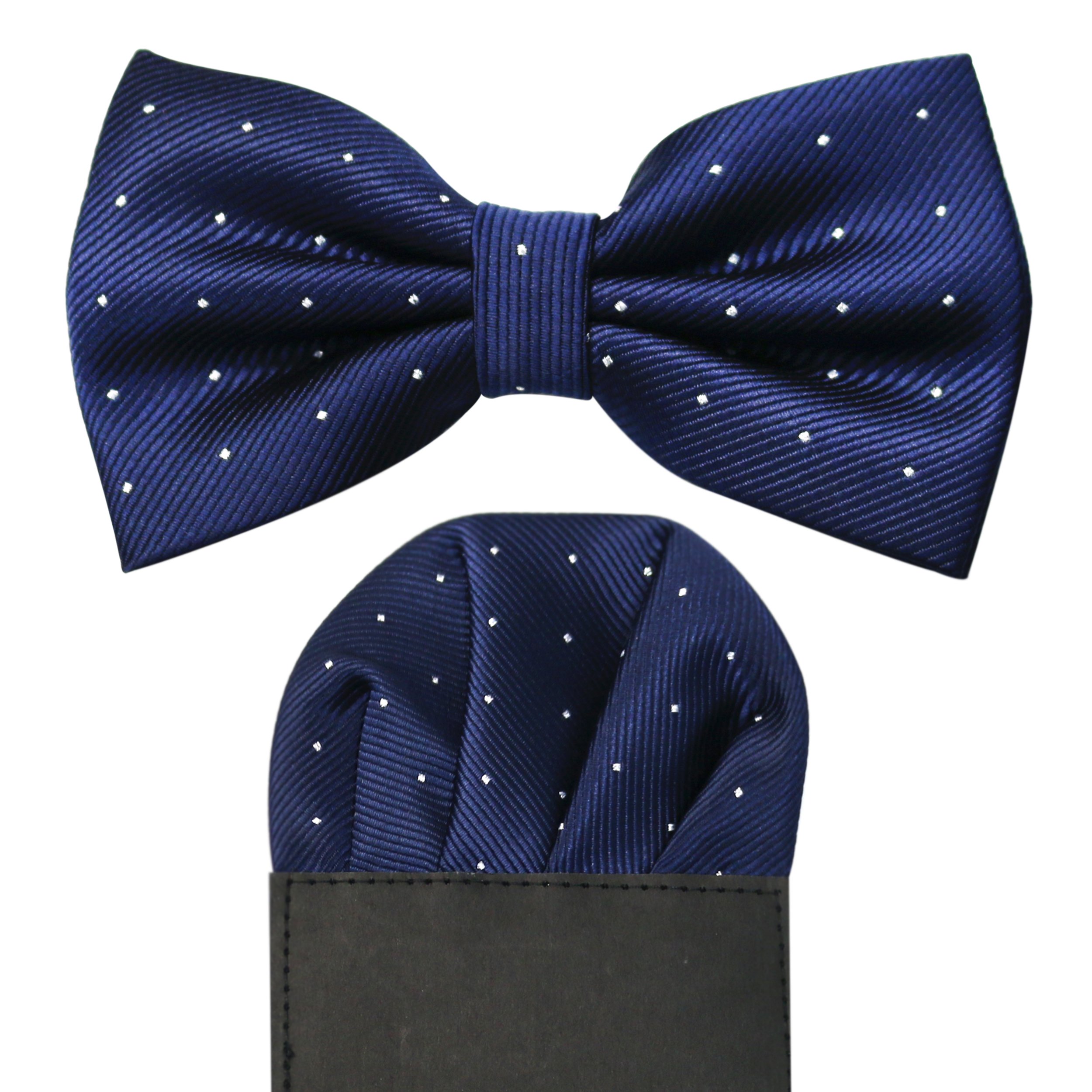 Jewell Dot Accessory Set: Pre-tied Adjustable Satin Bow Tie & Matching Pre-folded Pocket Square (2pc) (Navy)