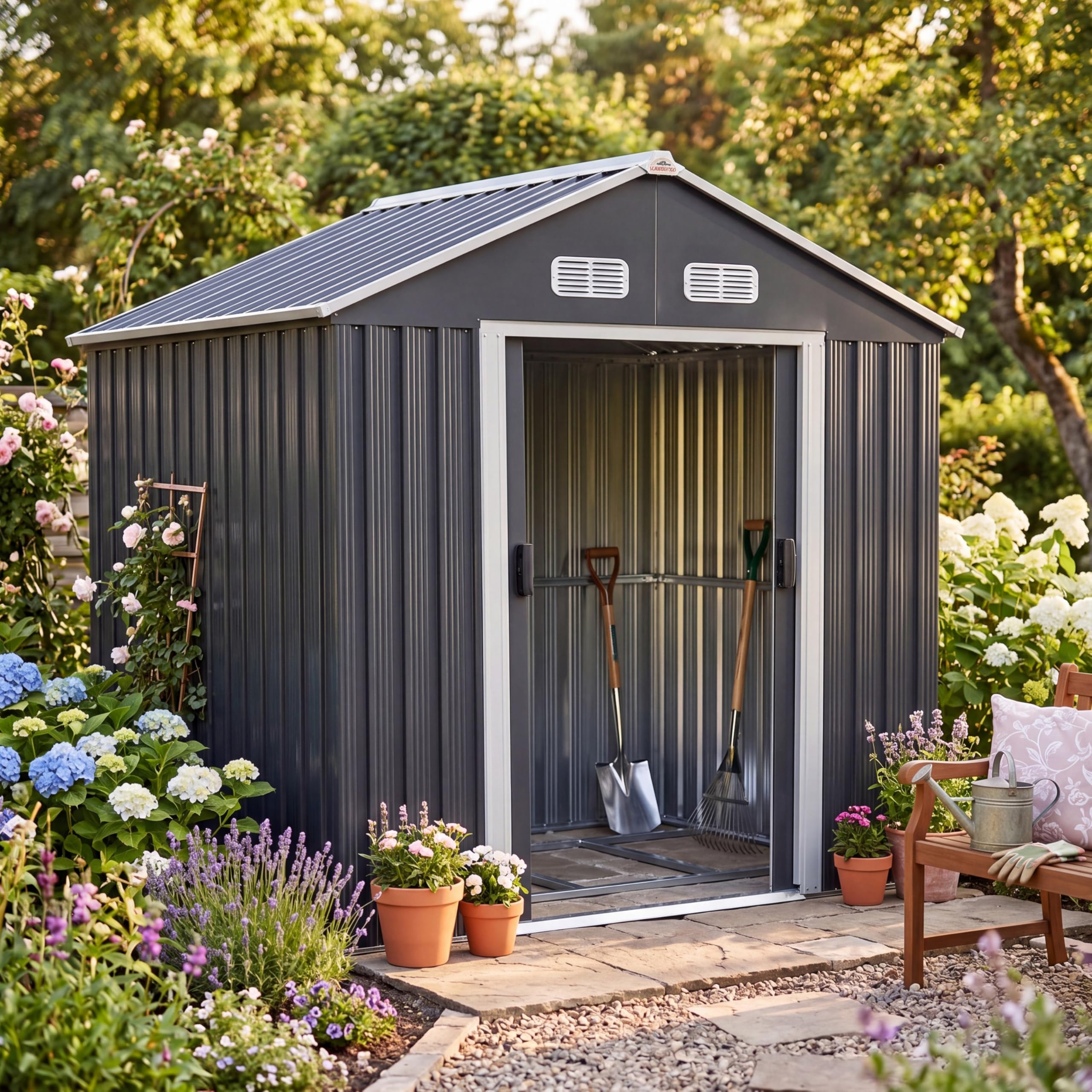 GARDEBRUK® 6x4ft Metal Garden Shed with Foundation, Outdoor Storage for Garden Furniture, Apex Roof, Bike Storage with Sliding Door, Galvanised Steel Shed for Lawnmower, 200x135x190cm, Anthracite Grey