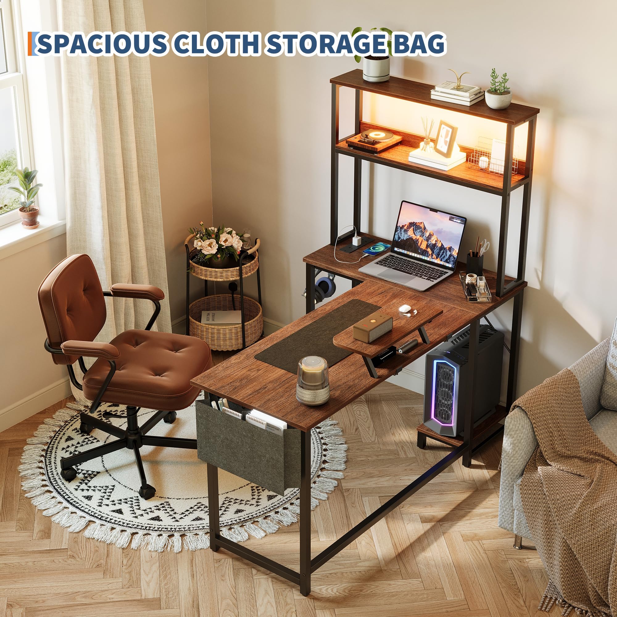 Bureau d'Angle Avec Rangement, 124x92x152cm Bureau Gaming En l Avec LED, Table Ordinateur Avec Prise Intégrée & Port USB, Table Gamer Avec Tiroir, Sac De Rangement Et Support d'Ecran, marron