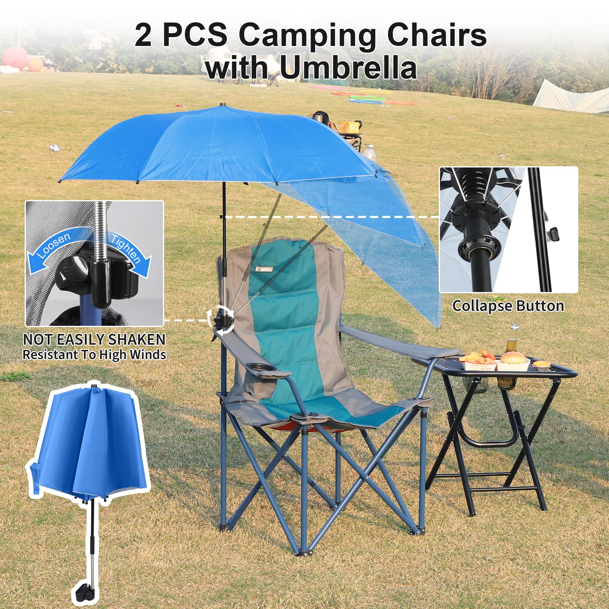 CAMPHILL 2 Pack Camping Chairs With Adjustable Umbrella-Folding Lawn Chair With American Flag Backrest-Heavy
