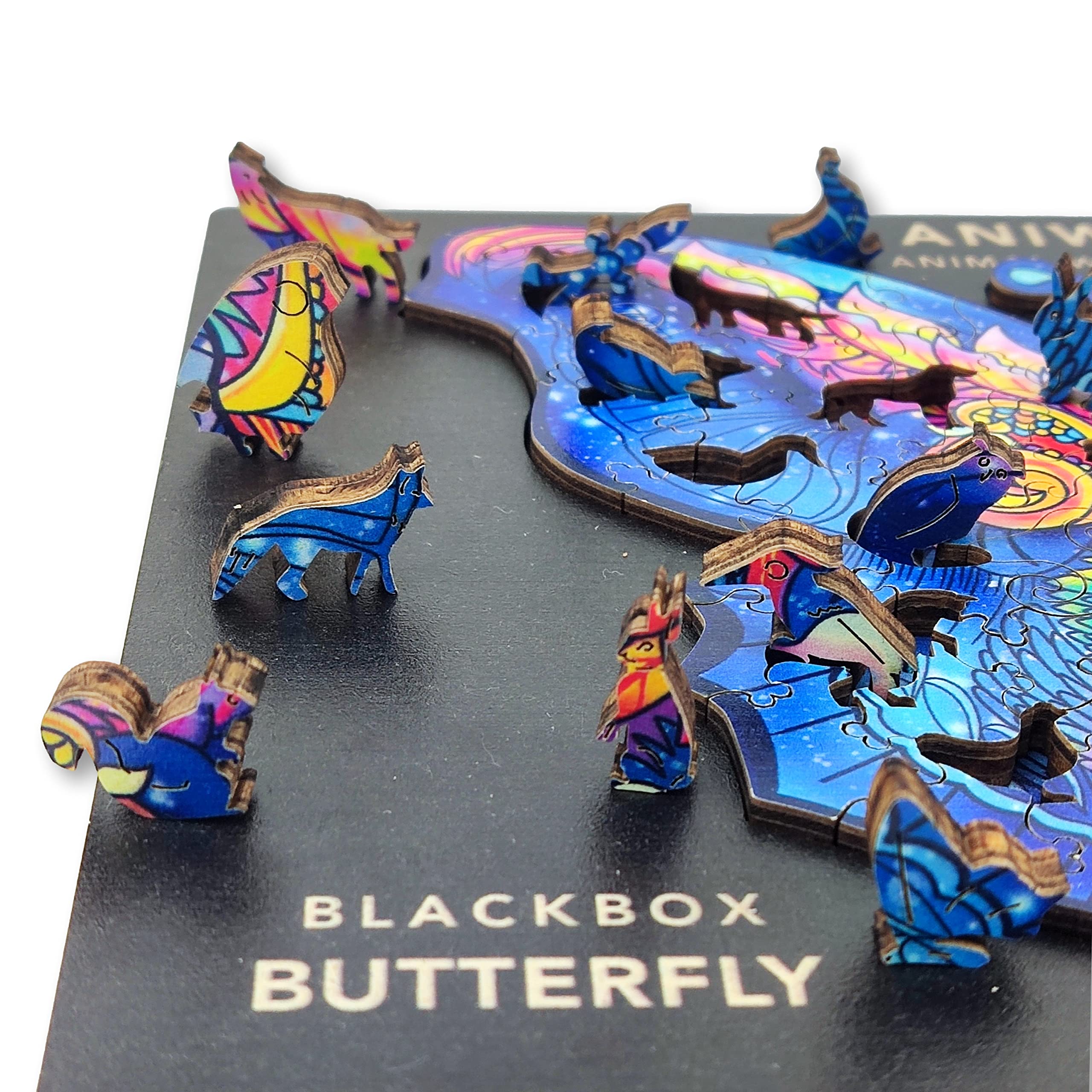 ANIWOOD Puzzle de Madera de Animales. Tapa troquelada, Caja a tamaño Real del Puzzle. 3 modos de dificultad, elemento decorativo. Piezas únicas originales de Animales (Large, Mariposa)