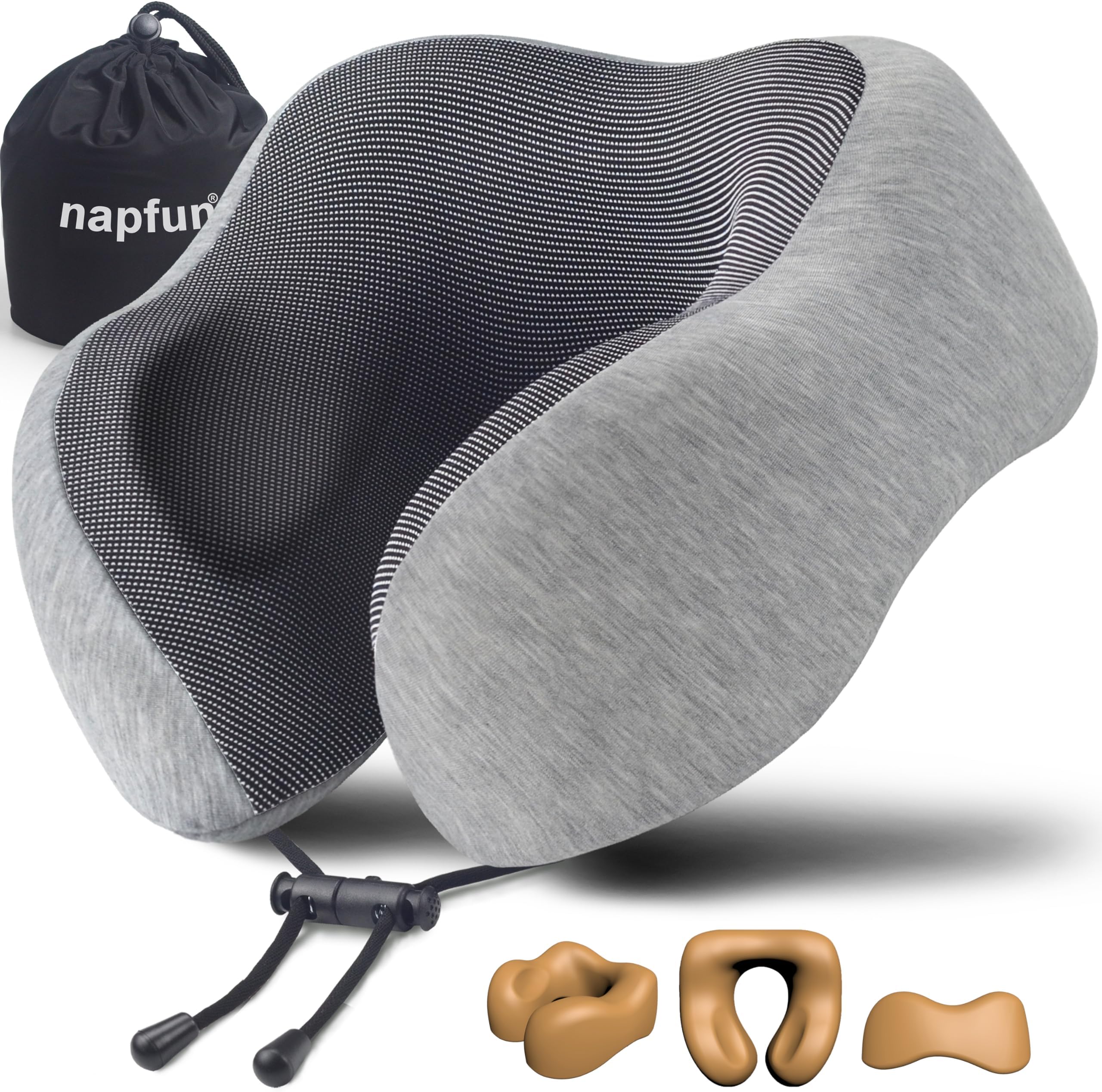 napfun Neck Pillow for Traveling, Upgraded Travel Neck Pillow for Airplane 100% Pure Memory Foam Travel Pillow for Flight Headrest Sleep, Portable Plane Accessories, Light Grey