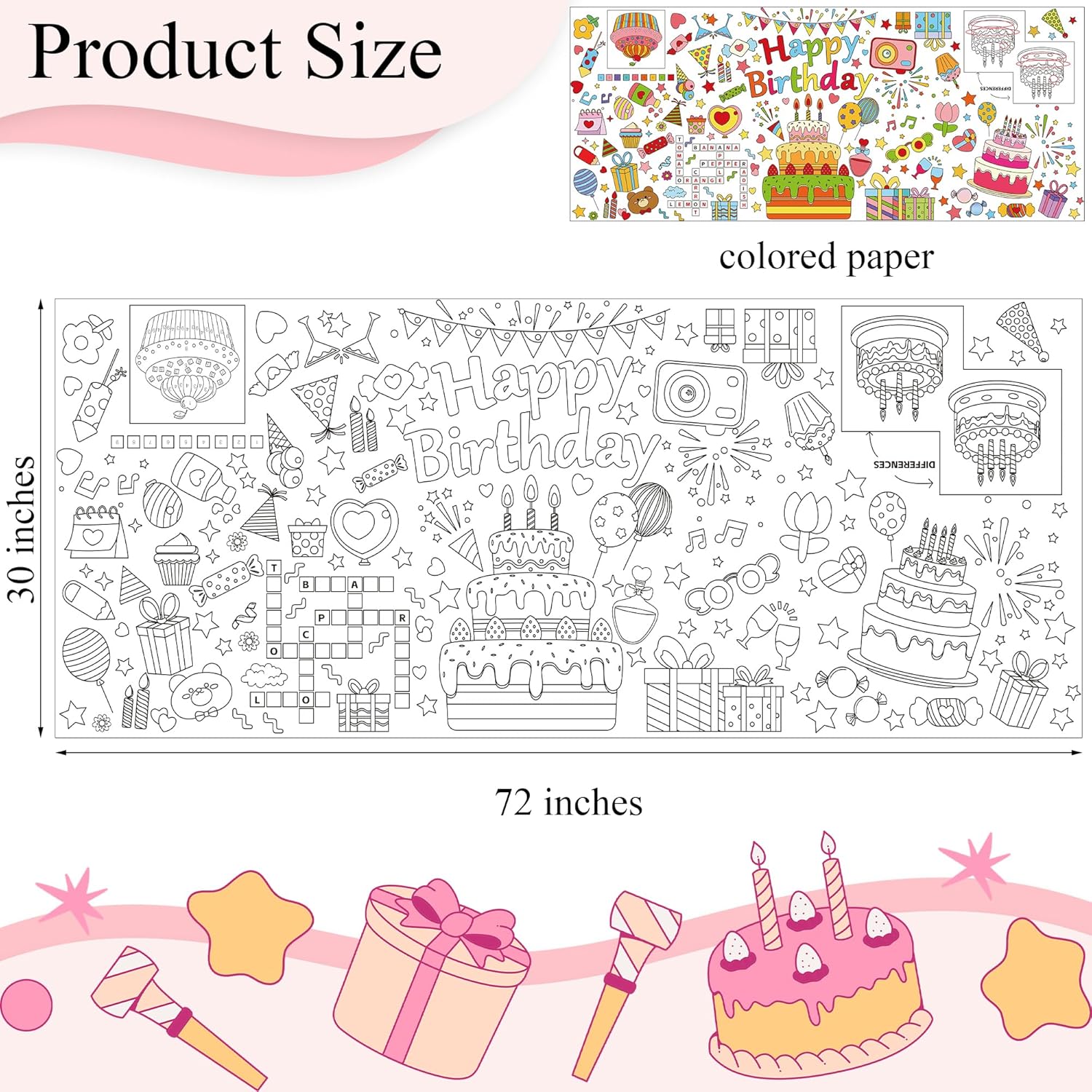 Happy Birthday ジャイアントぬりえポスター 30 x 72インチ 大型ぬりえテーブルクロス 誕生日アクティビティ 描画