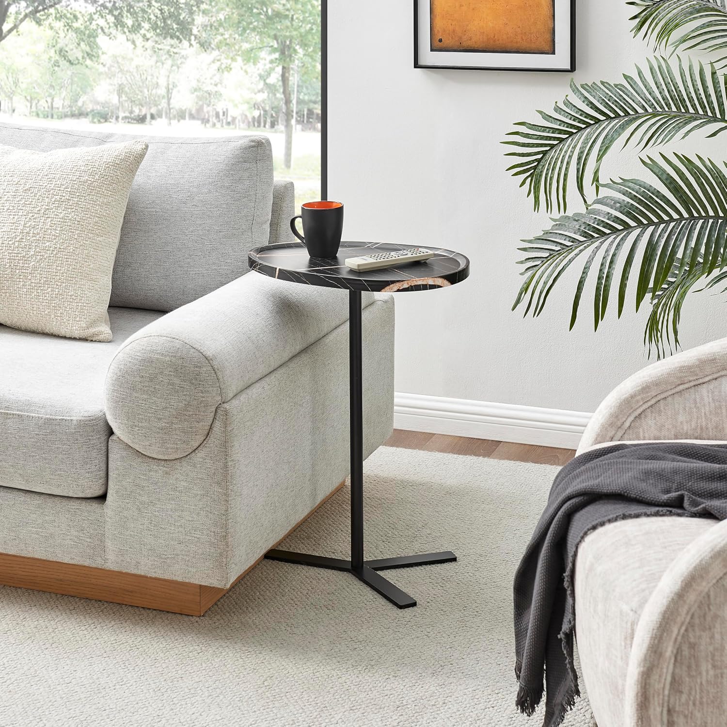 Carter Oval Teardrop Modern Raised Lip Edge Couch-Side Accent C-Table with Crossed Y-Shape Metal Pedestal Leg (Black Marble/Black)