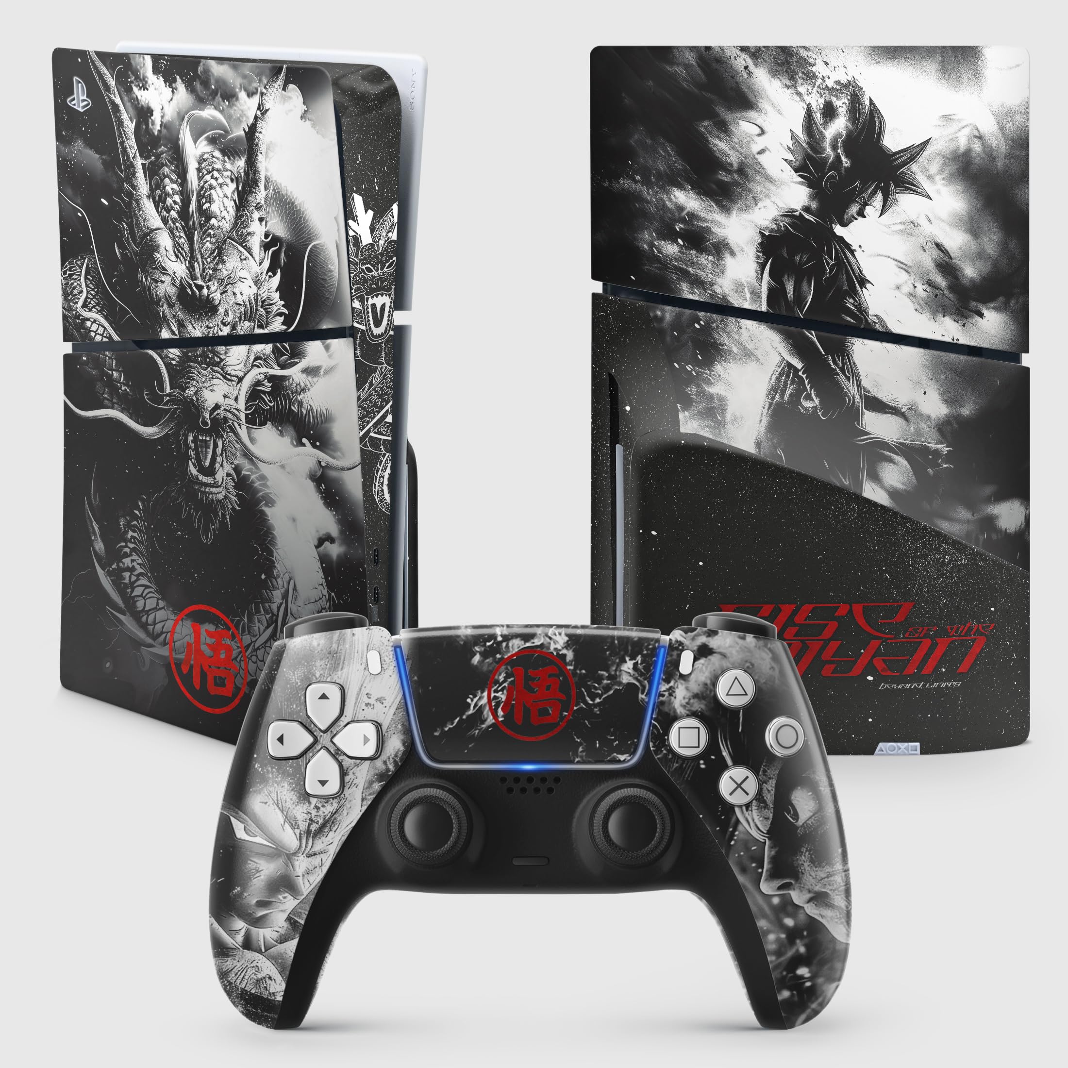 Sticker PS5 Guerrier Dragon, Autocollant pour Playstation 5 Manga, Console et Manette, Edition Slim Disque, Skin Guerrier PS5 (2 Manettes)