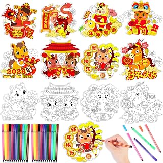 HOWAF 24pcs Happy Chinese New Year Coloring Cards with 24 Colored Pens, Color Your Own Year of The Horse Gift Cards for Lunar New Year Kids Crafts Favors, Spring Festival Coloring Greeting Cards