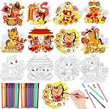 HOWAF 24pcs Happy Chinese New Year Coloring Cards 2026 & 12 Colored Pens, Year of The Horse Cards for Kids DIY Craft Gifts for Spring Festival, Lunar Chinese New Year Decorations 2026