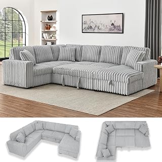 122" Oversized U-Shaped Sectional Sleeper Sofa, Pull Out Couch, Cloud L-Shaped Chaise Sofas, Rabbit Plush Sofa Bed, Storage Chaise, USB, Corner Couch for Living Room, Apartment, Grey