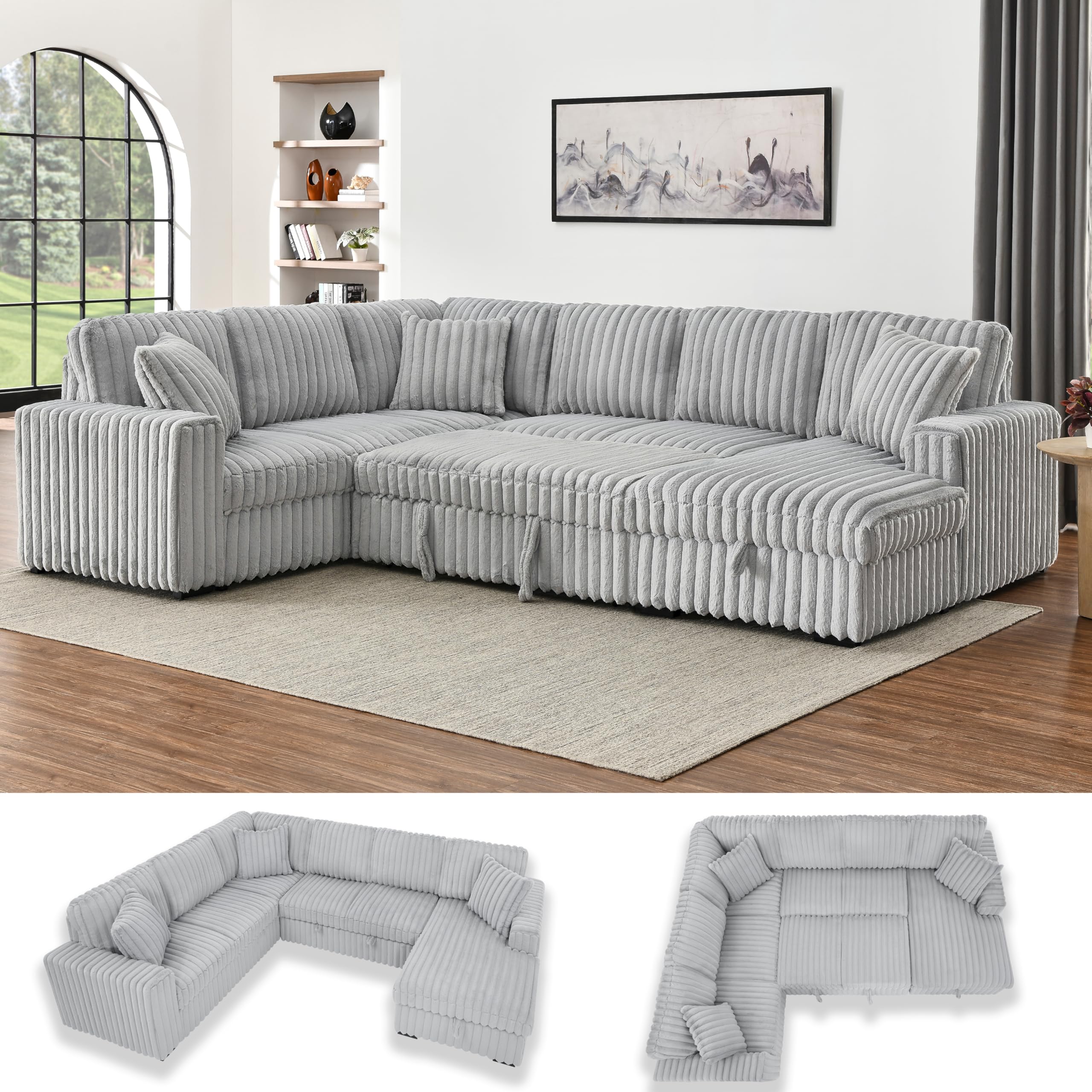 Tabaray 122" Oversized U-Shaped Sectional Sleeper Sofa, Pull Out Couch, Cloud L-Shaped Chaise Sofas, Rabbit Plush Sofa Bed, Storage Chaise, USB,