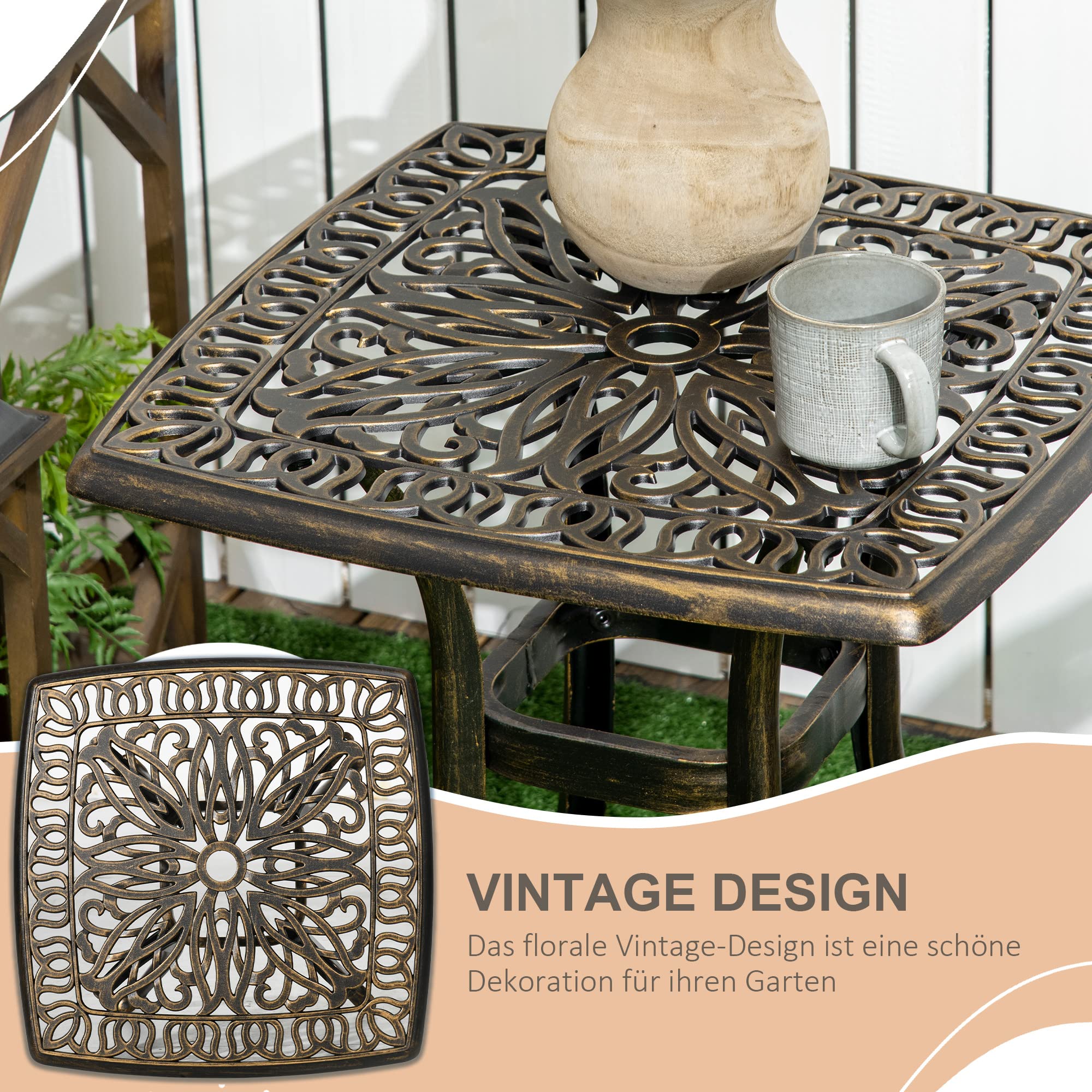 Outsunny Beistelltisch mit Schirmloch für Garten 54 x 54 x 52,5 cm Bronze | Terrassentisch, Gartentisch mit Aluminiumrahmen, Kaffeetisch für Balkon