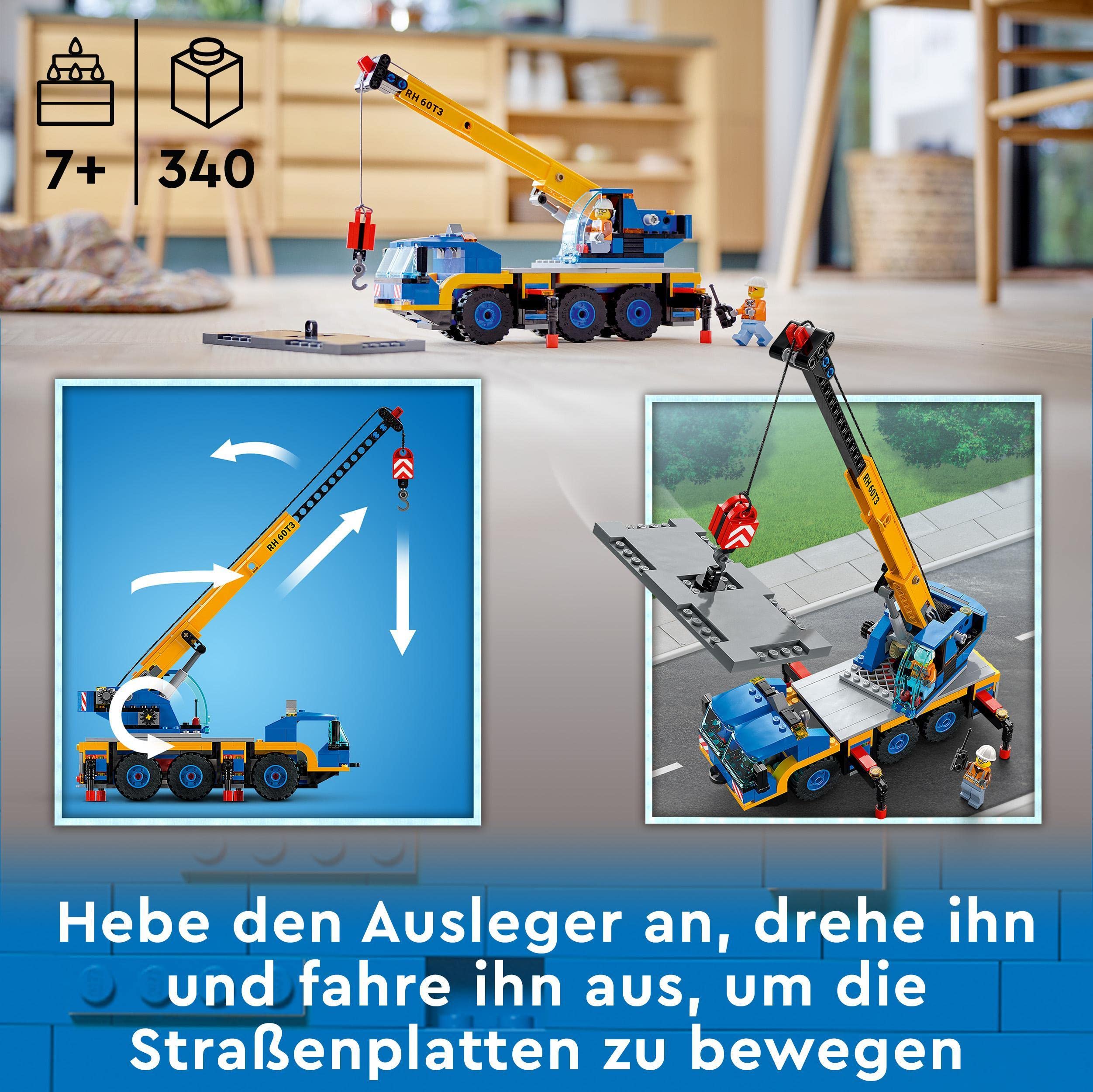 LEGO 60324 City Geländekran, Kran- und LKW-Spielzeug mit Haken, baubares Fahrzeug-Spielzeug für Jungen und Mädchen ab 7 Jahren, Geschenk für Kinder und Fans von Baufahrzeugen
